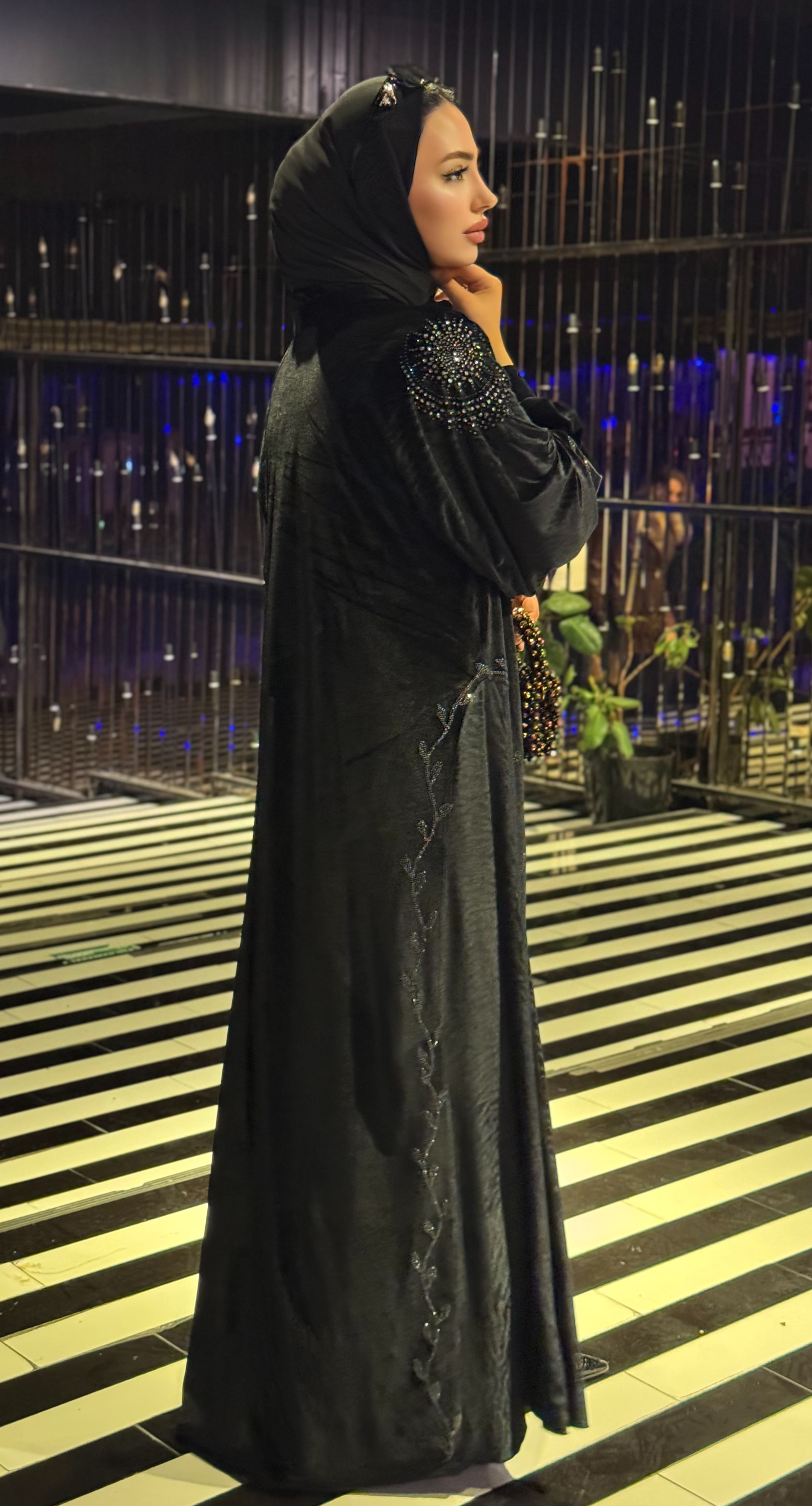 Black Stone Velvet Abaya with Gathered Sleeves