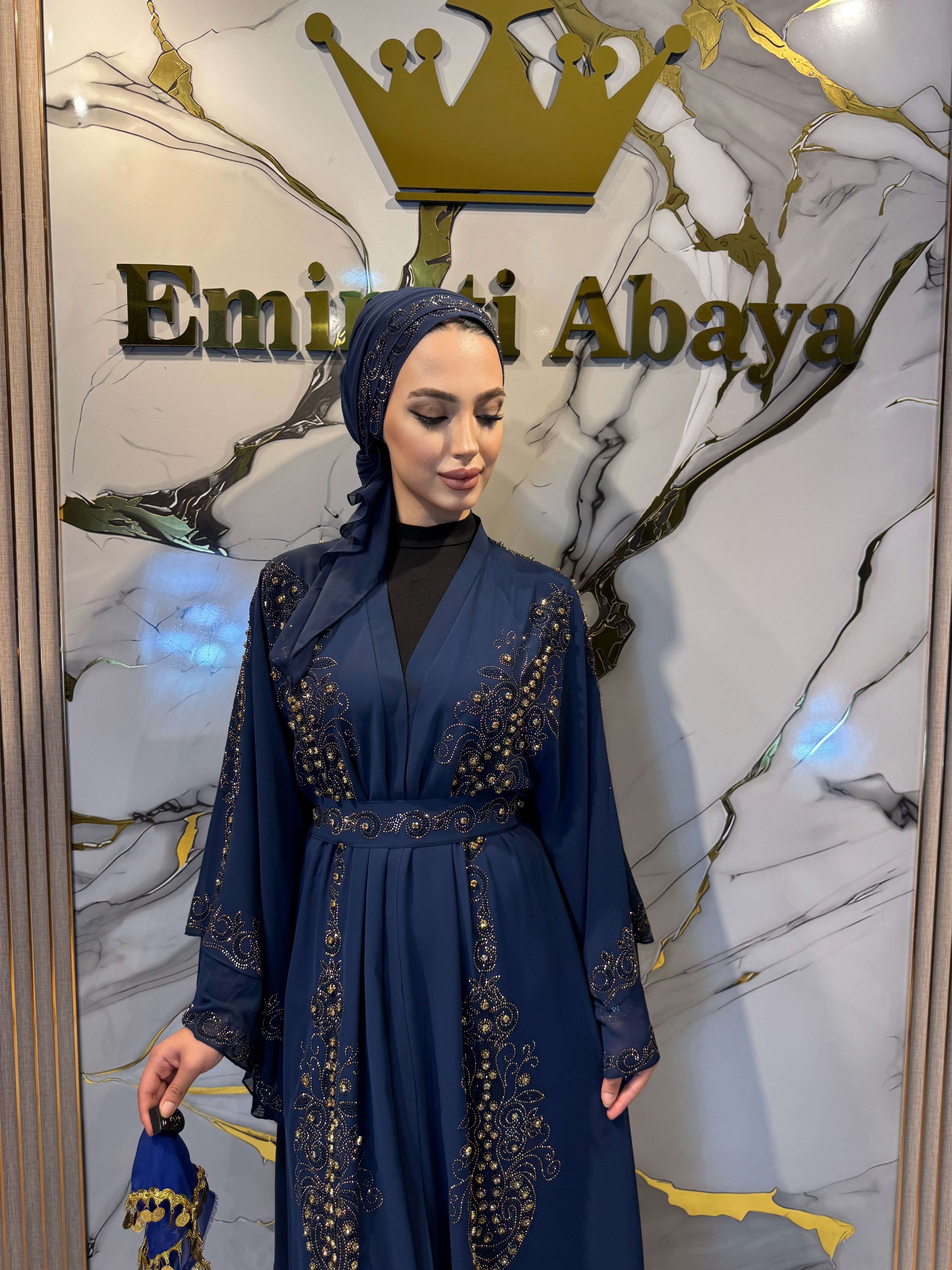 Gold Taşlı Çift Katlı Şifon Larcivet Abaya