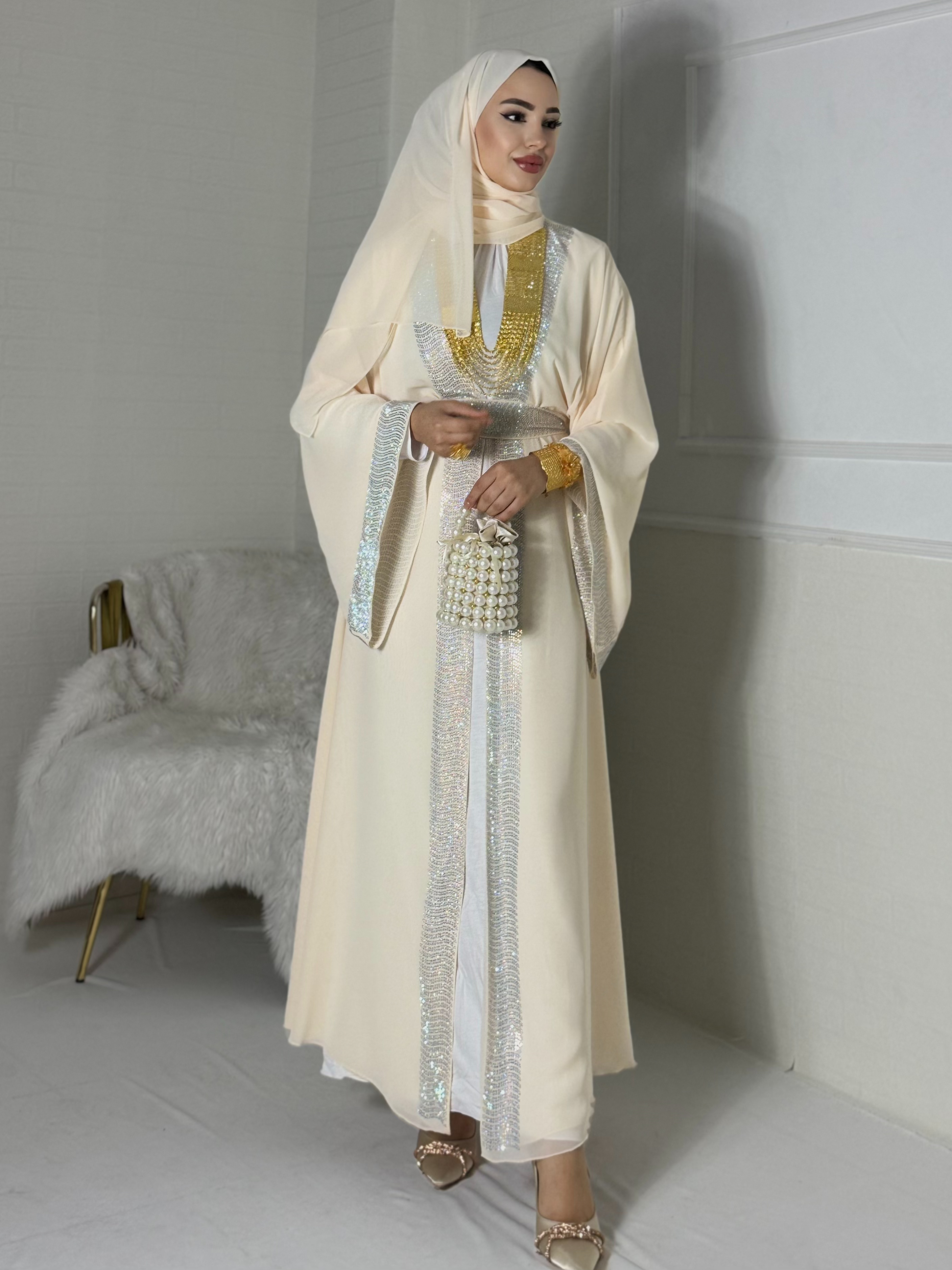 Elegant Cream Abaya with Swarovski Stones on the Front