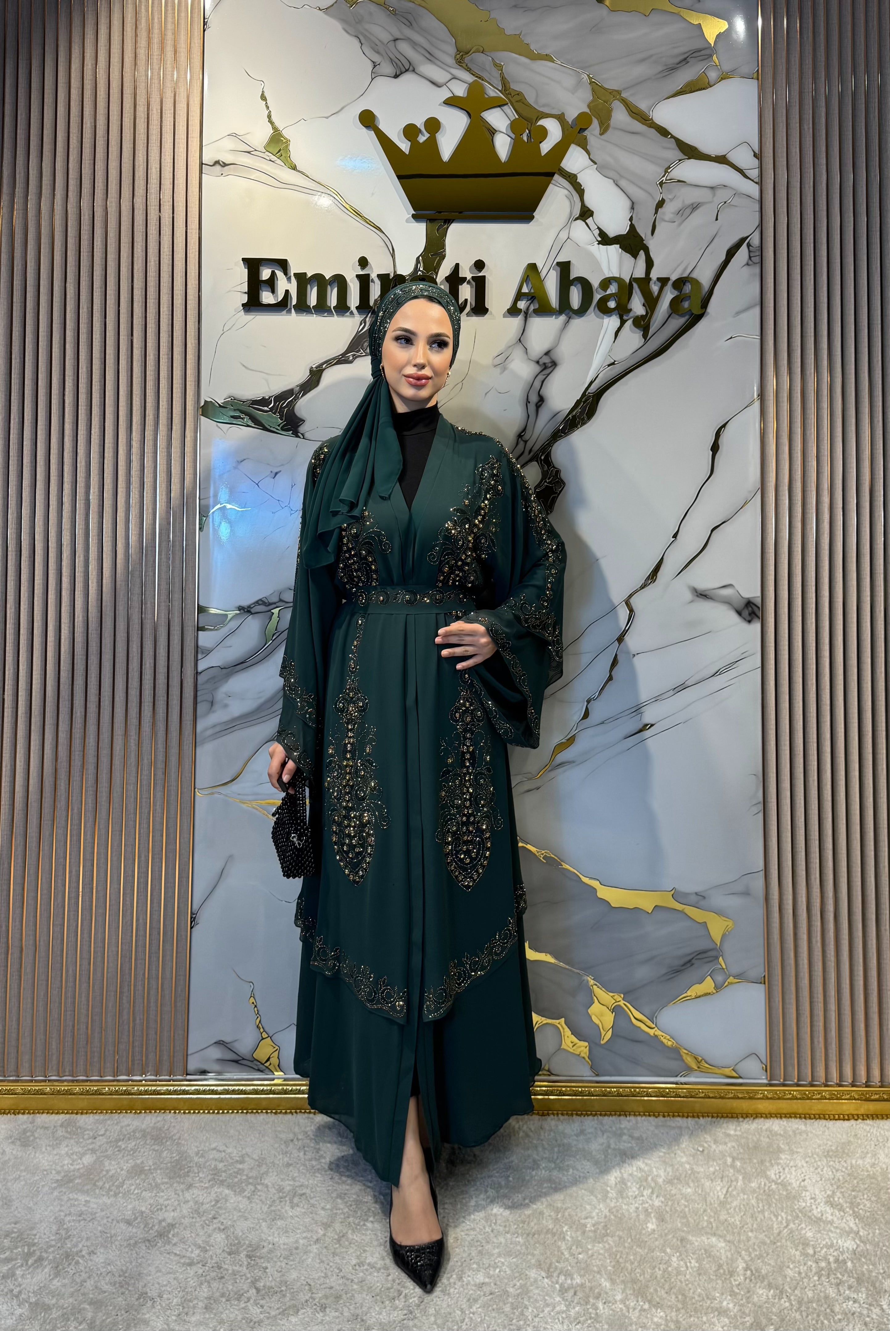 Gold Taşlı Çift Katlı Şifon Yeşil Abaya