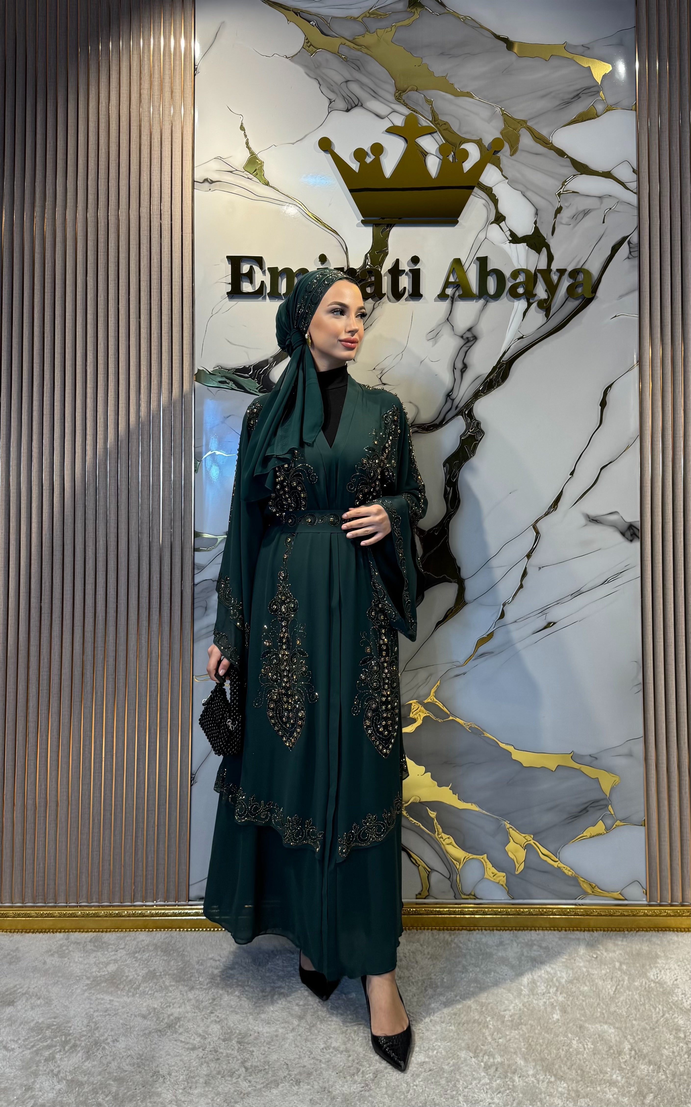 Gold Taşlı Çift Katlı Şifon Yeşil Abaya