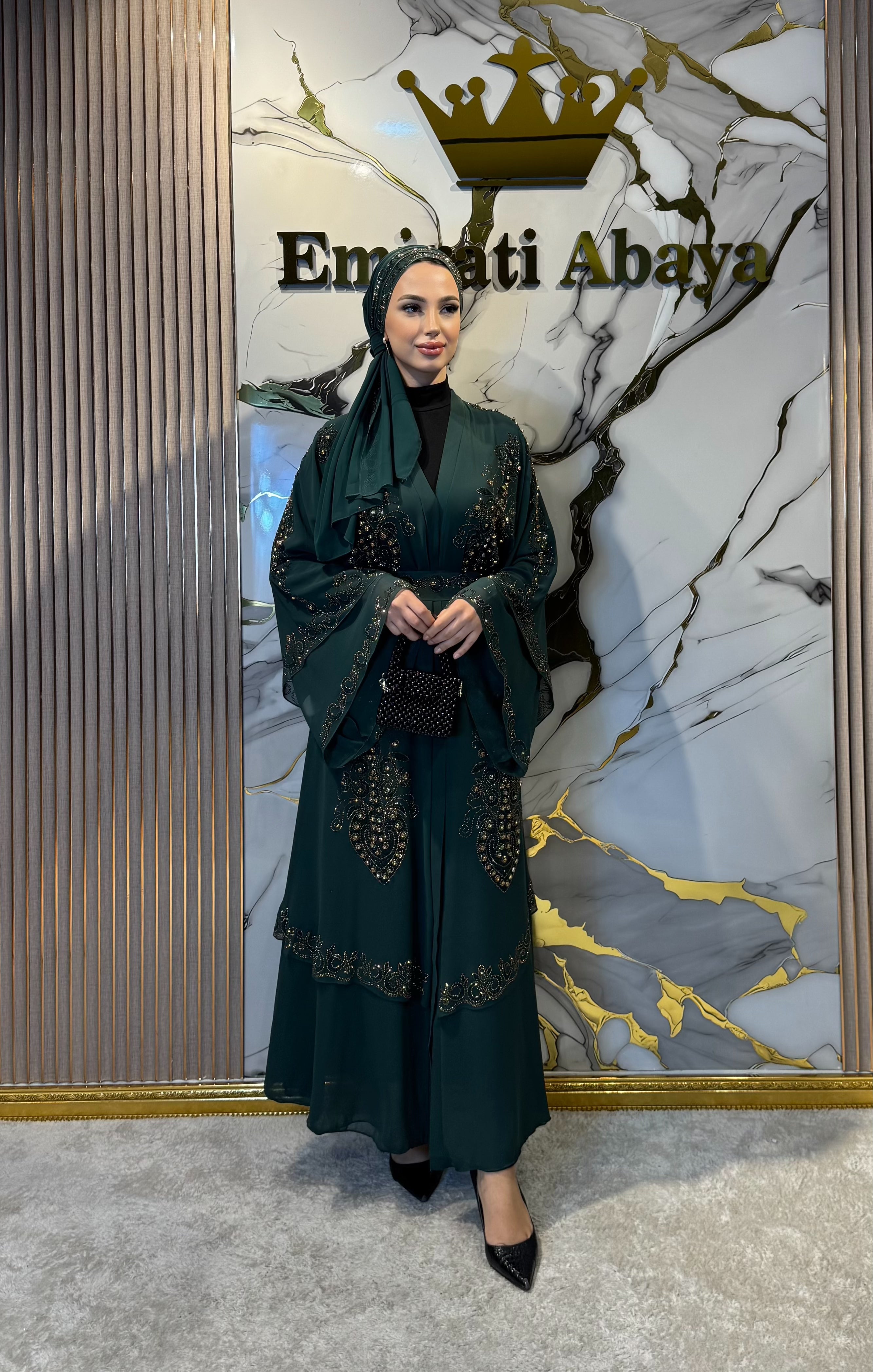 Gold Taşlı Çift Katlı Şifon Yeşil Abaya