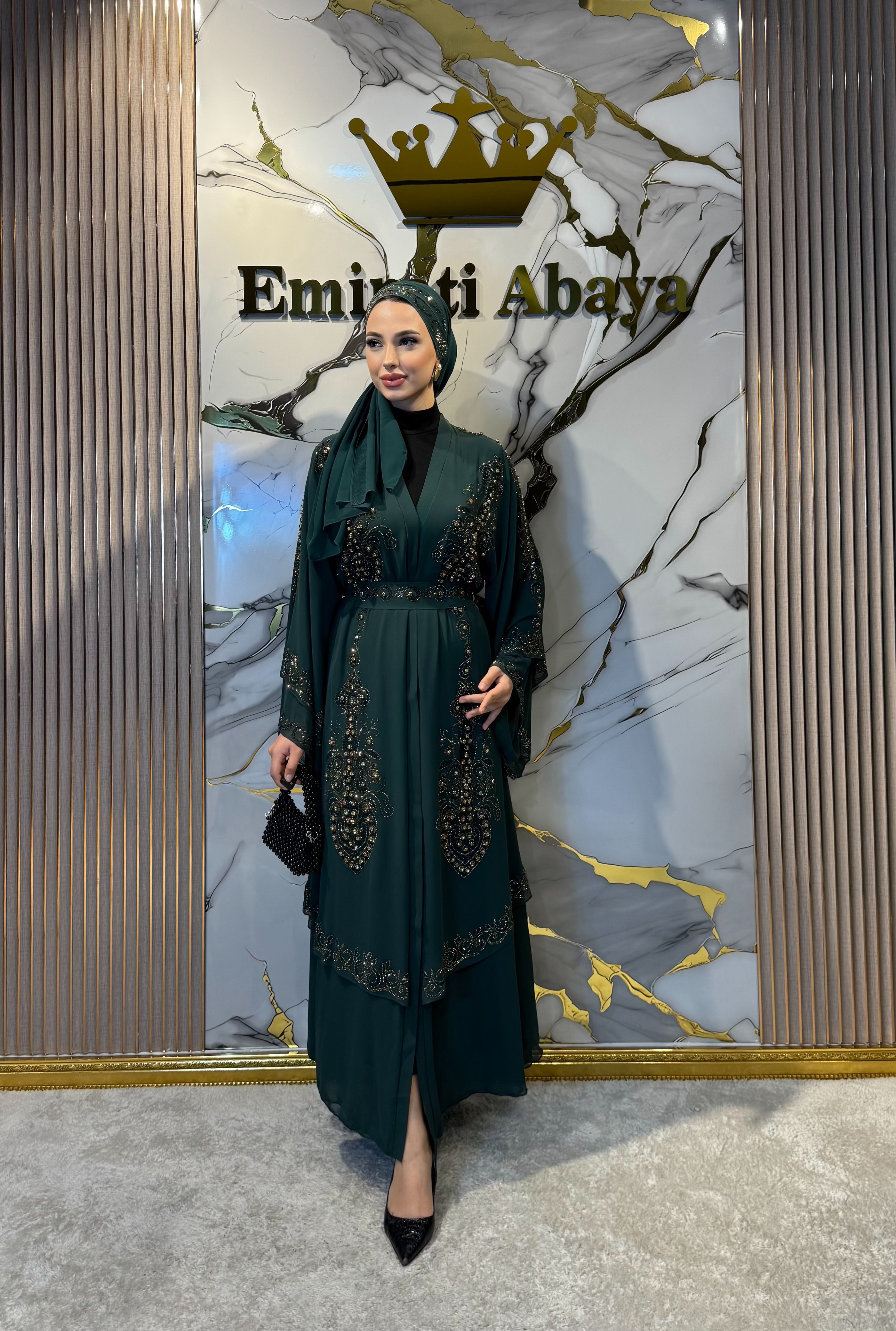 Gold Taşlı Çift Katlı Şifon Yeşil Abaya