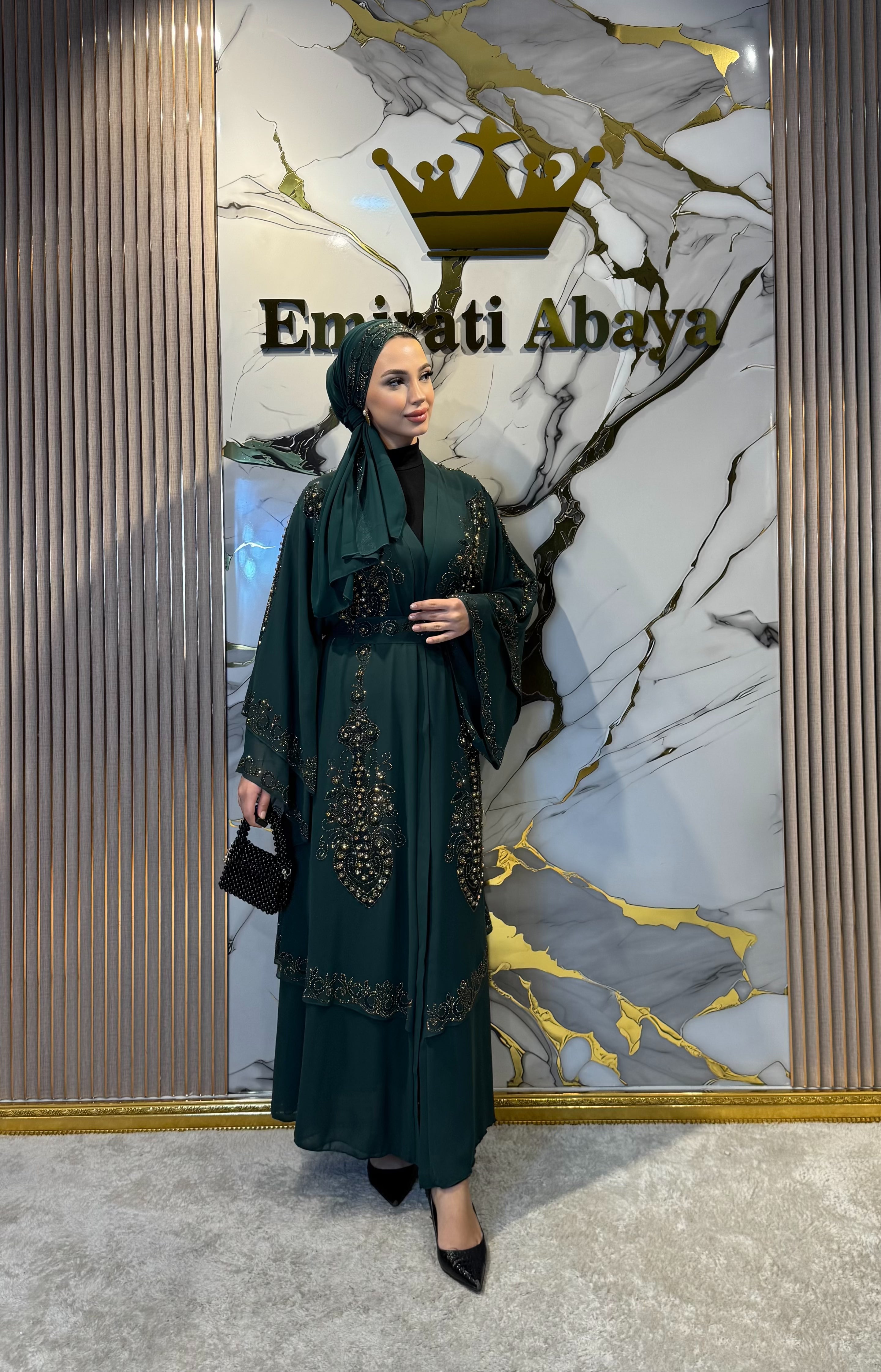 Gold Taşlı Çift Katlı Şifon Yeşil Abaya