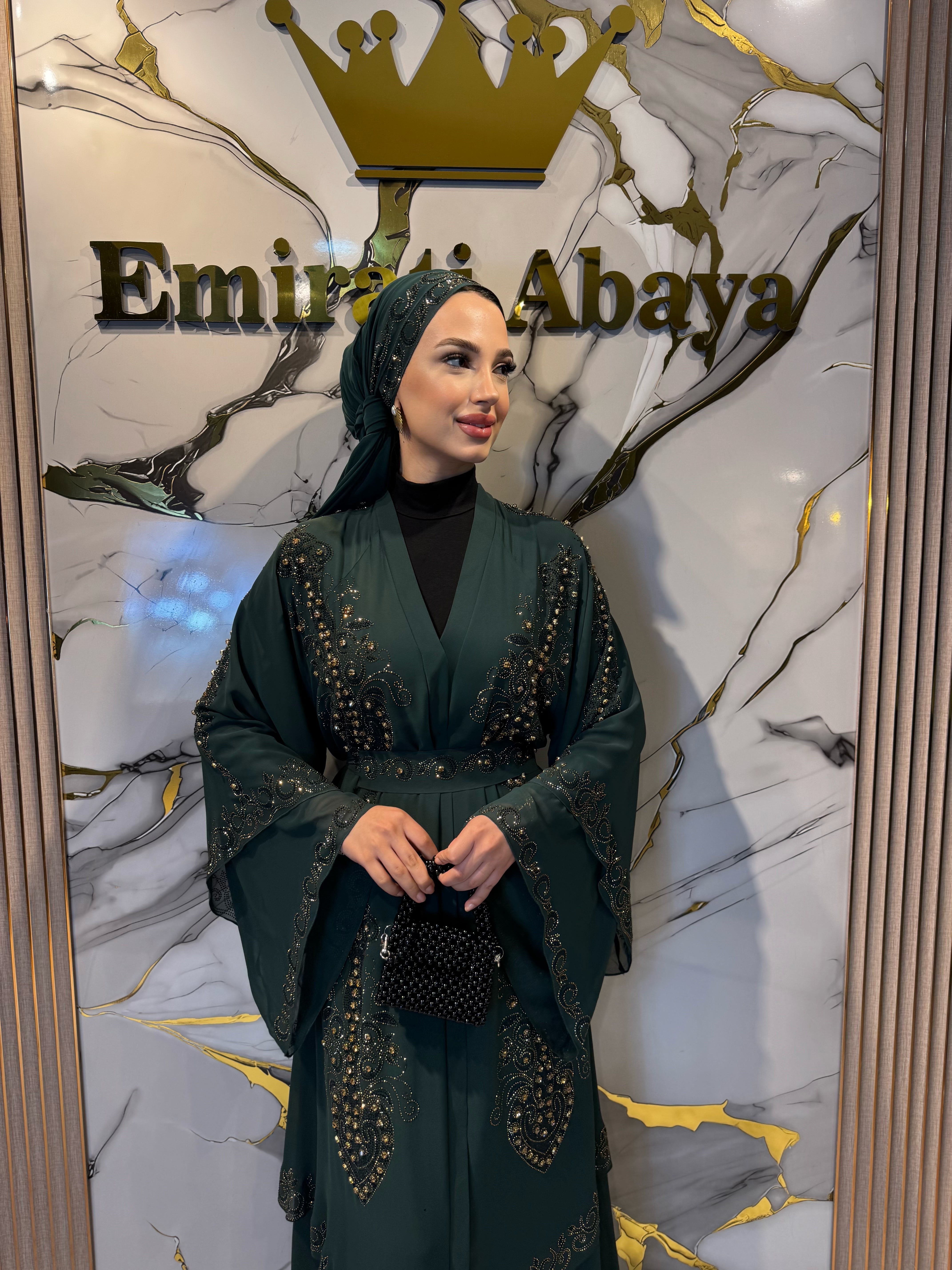 Gold Taşlı Çift Katlı Şifon Yeşil Abaya