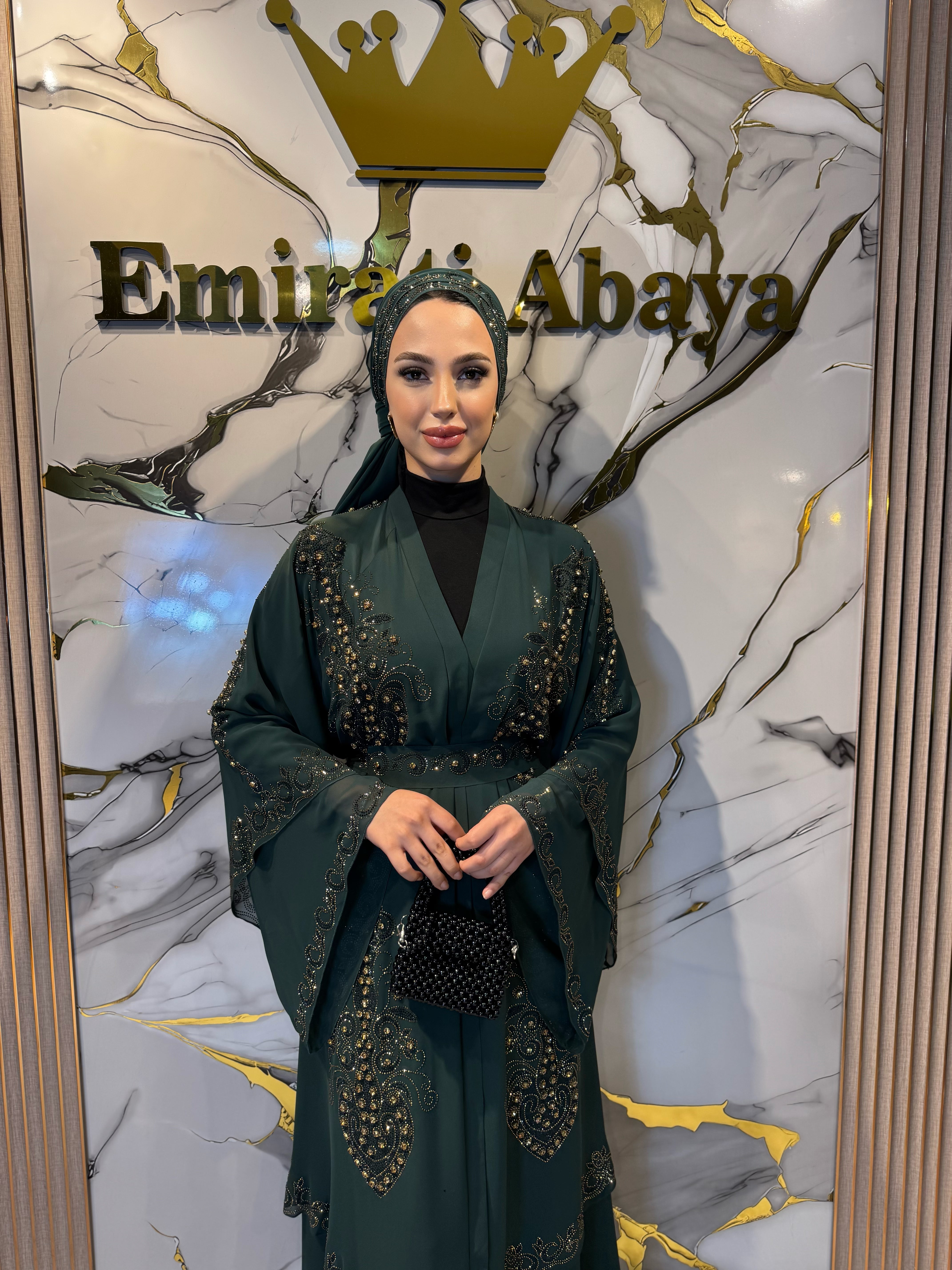 Gold Taşlı Çift Katlı Şifon Yeşil Abaya