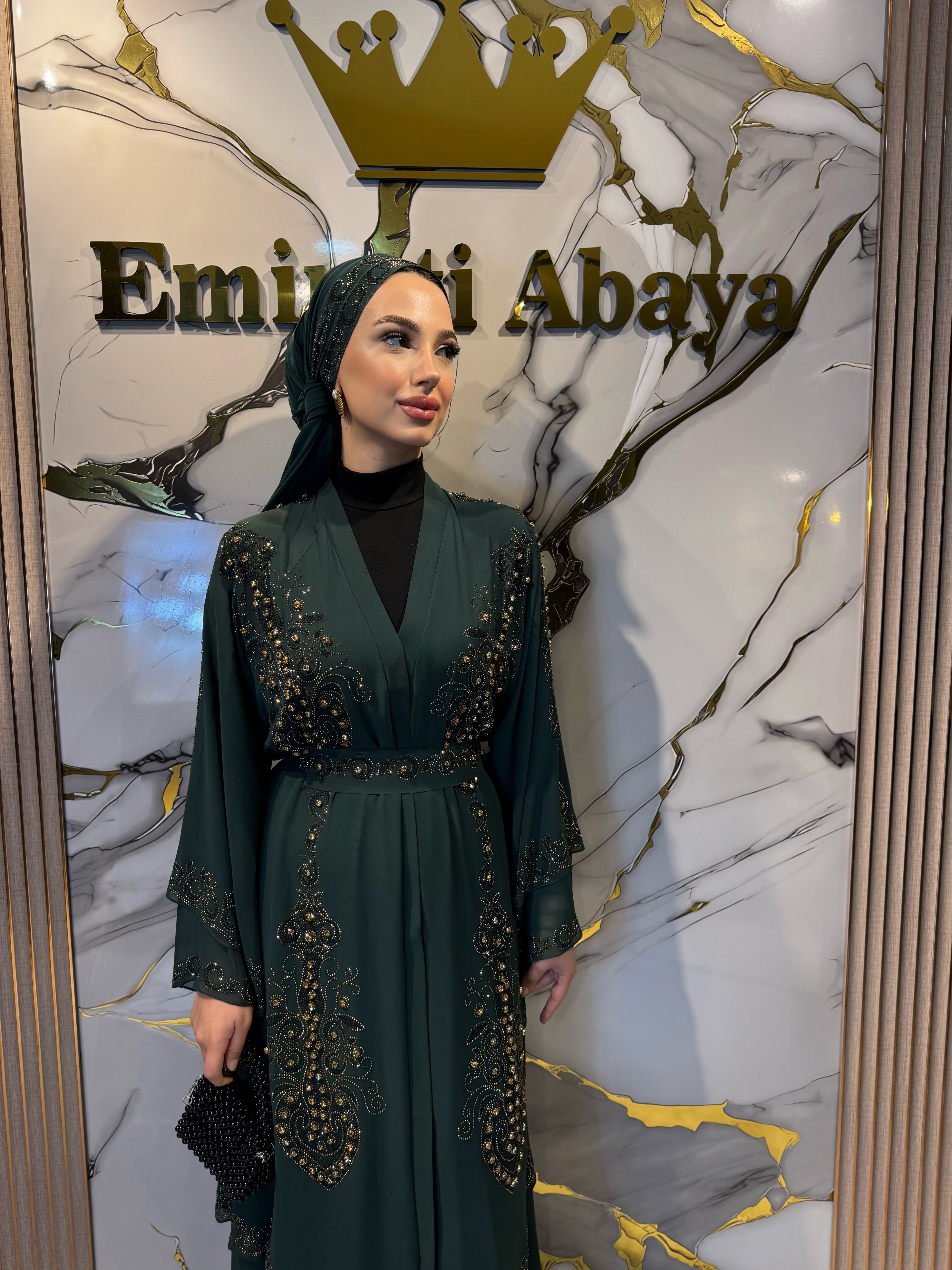 Gold Taşlı Çift Katlı Şifon Yeşil Abaya