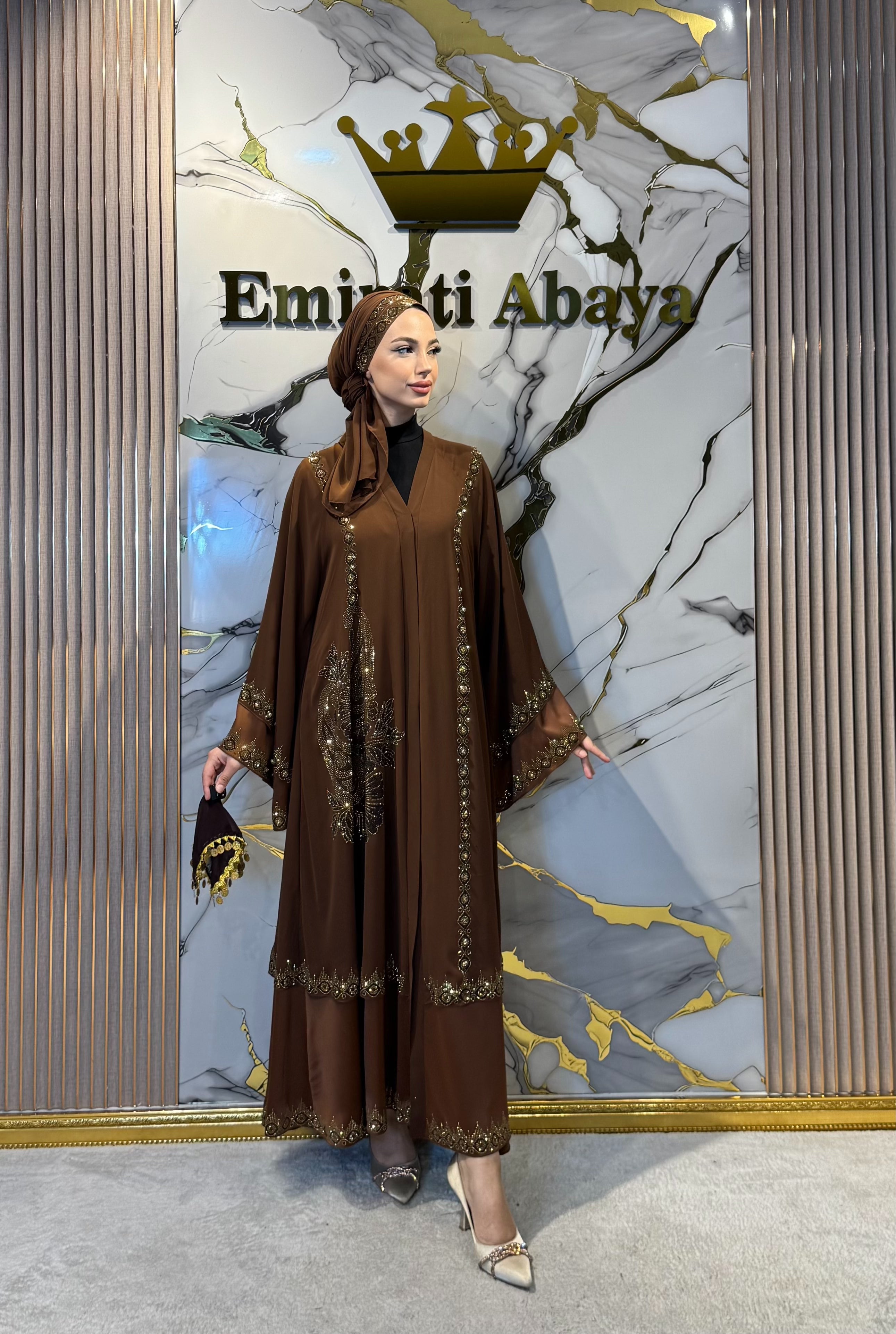 Gold Taş İşlemeli İki Katlı Zara Saten Abaya