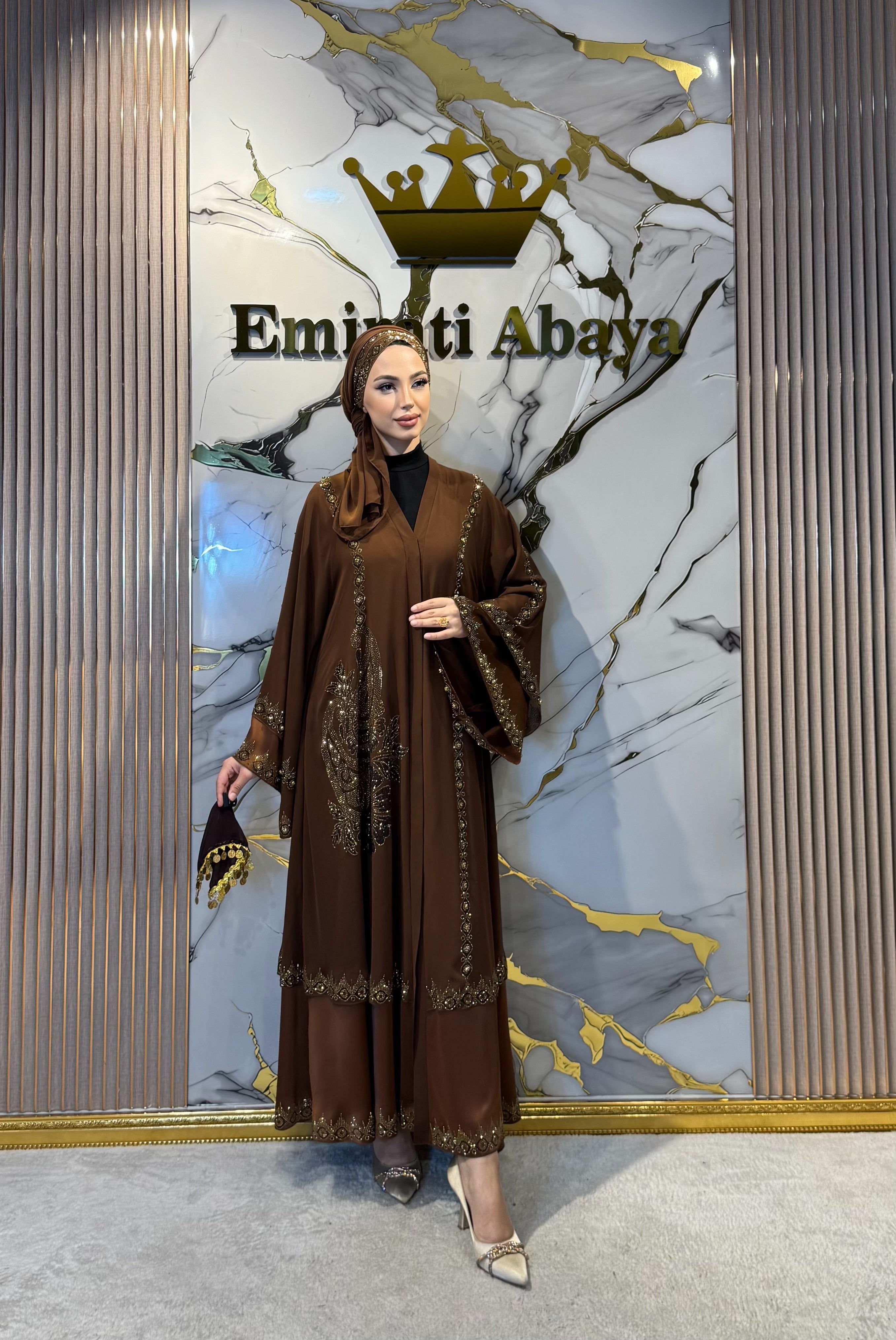 Gold Taş İşlemeli İki Katlı Zara Saten Abaya
