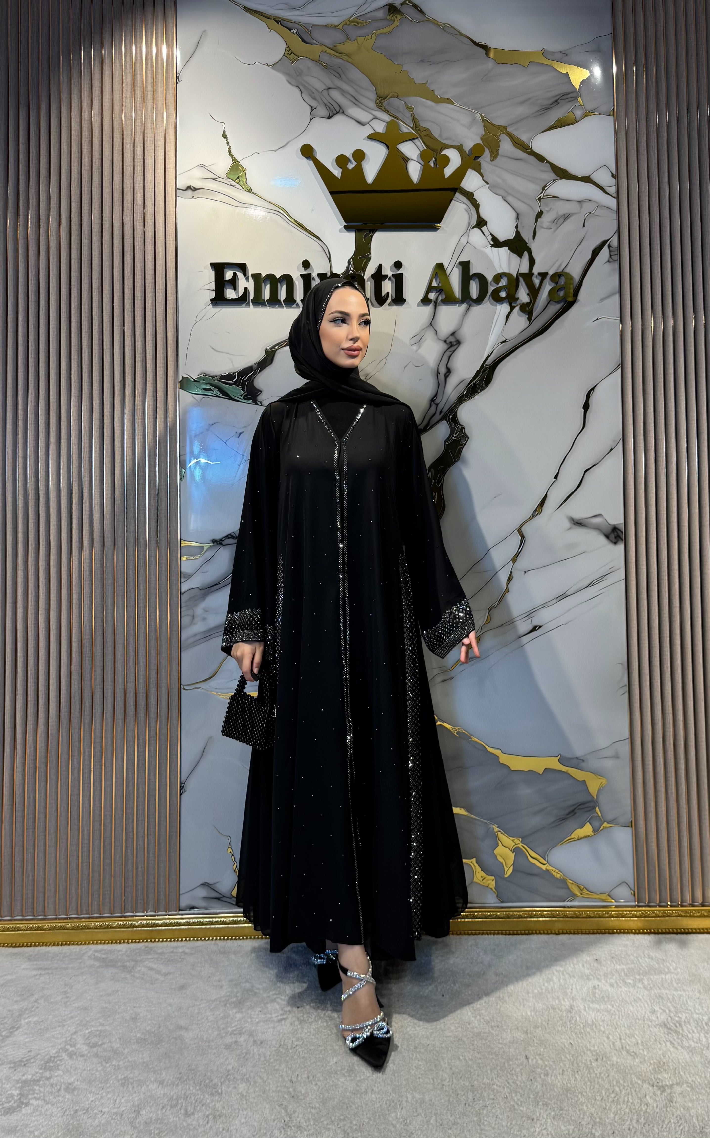 Lüks Hematit Taş Detaylı Dubai Abaya
