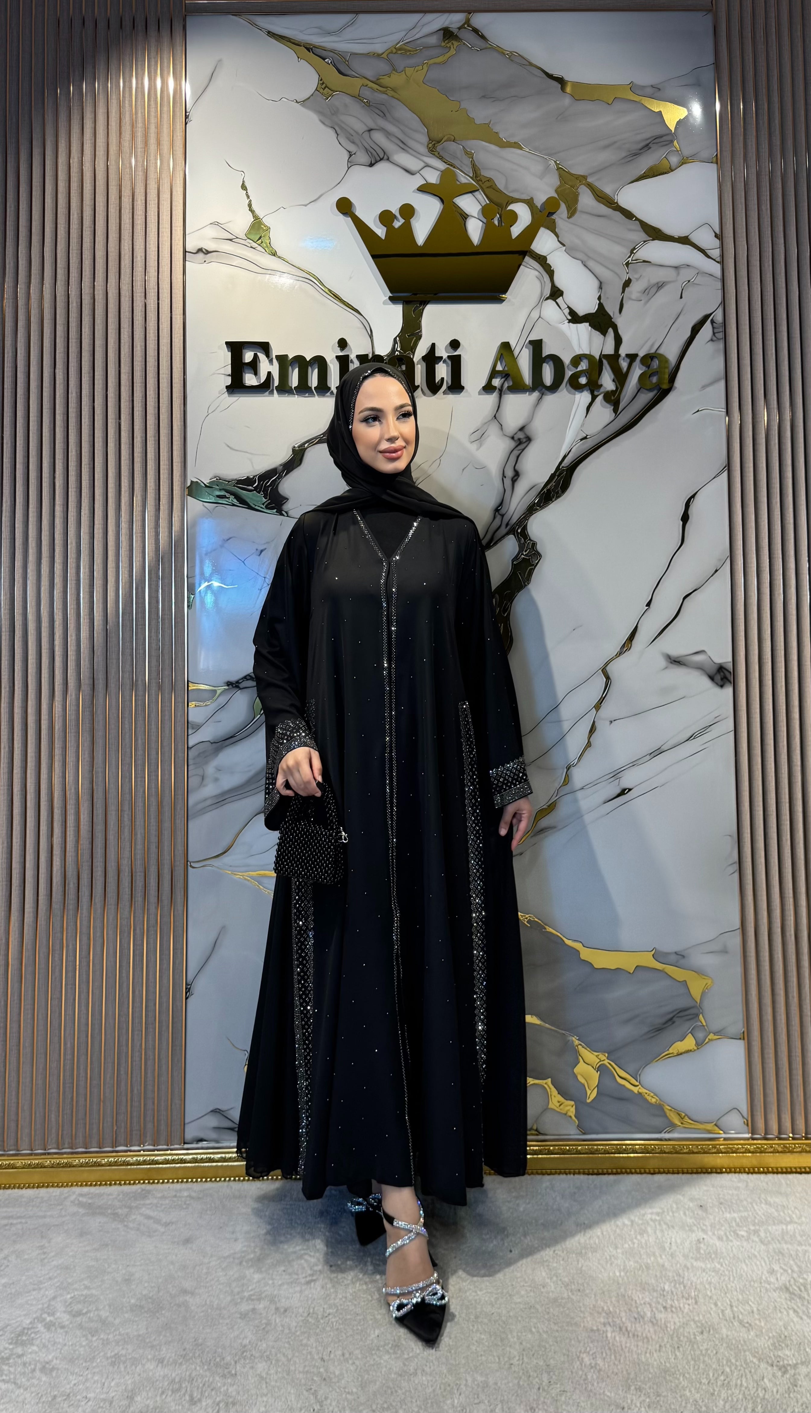 Lüks Hematit Taş Detaylı Dubai Abaya