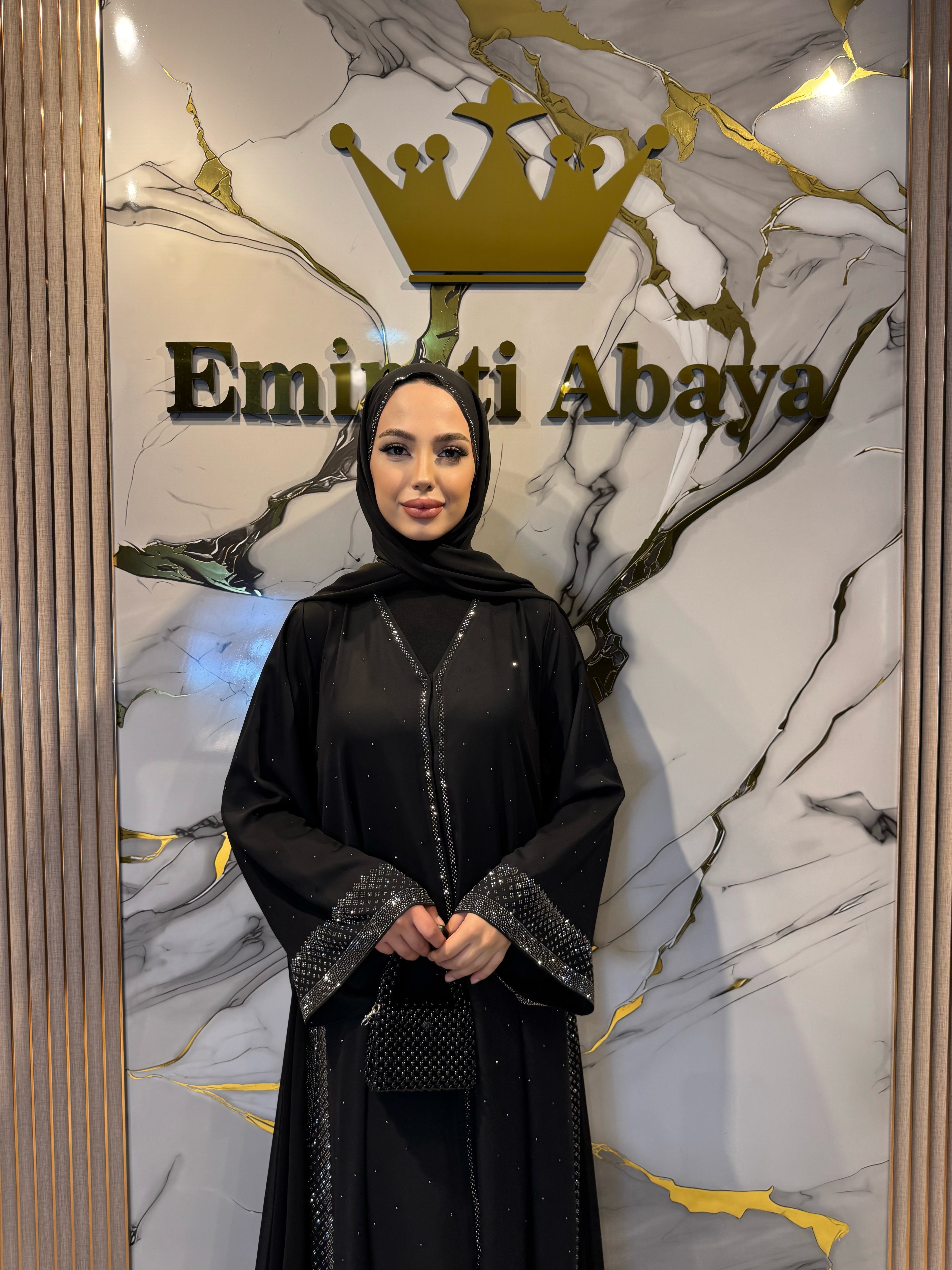 Lüks Hematit Taş Detaylı Dubai Abaya