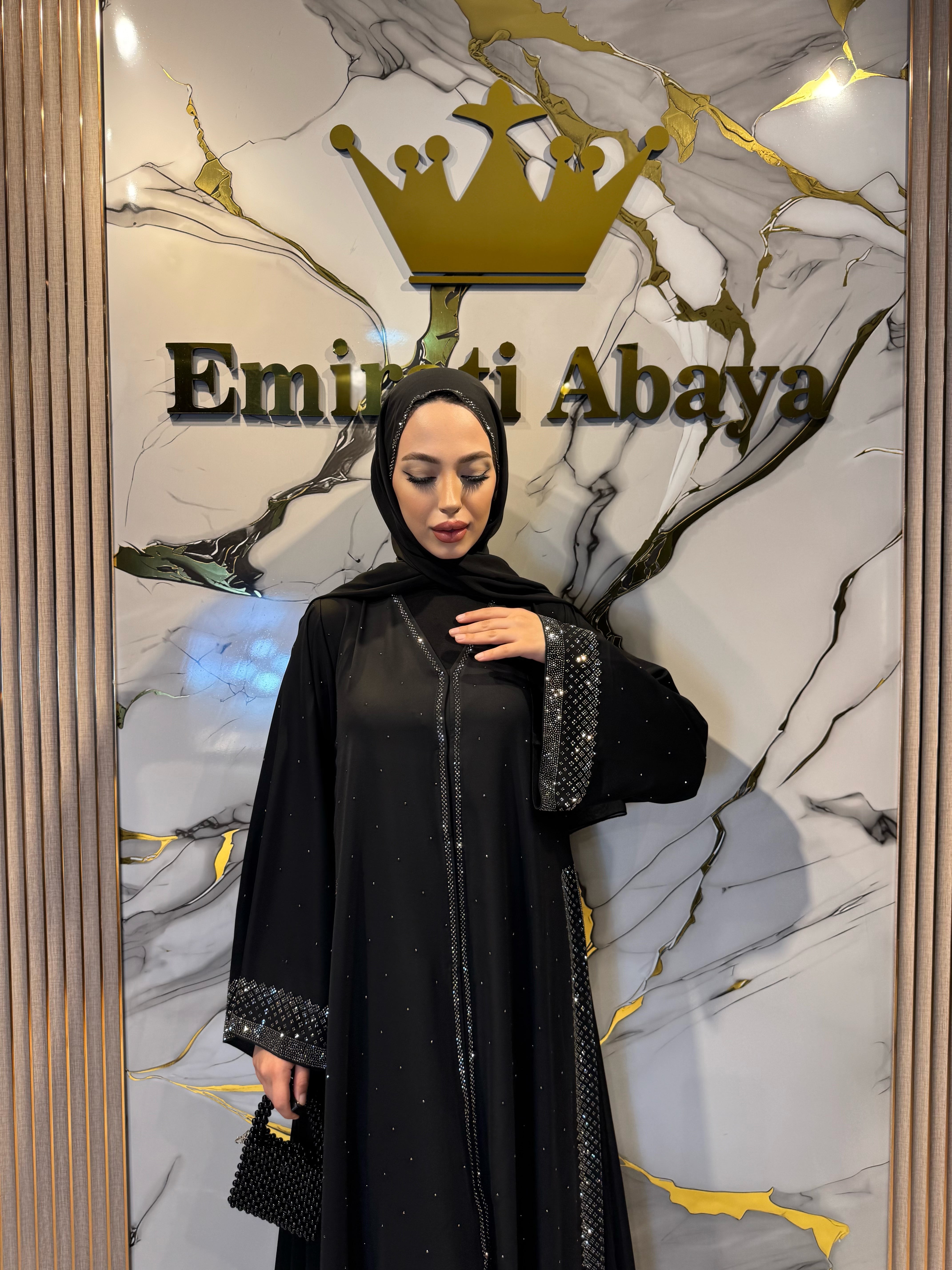 Lüks Hematit Taş Detaylı Dubai Abaya