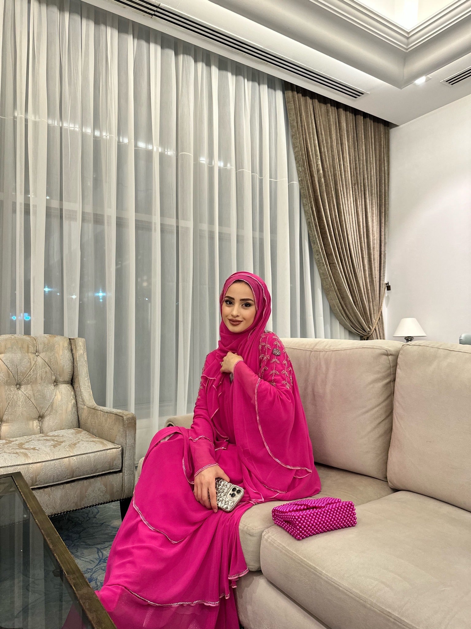 Ethereal Elegance: three-Layer Pink Chiffon Handmade stones Abaya