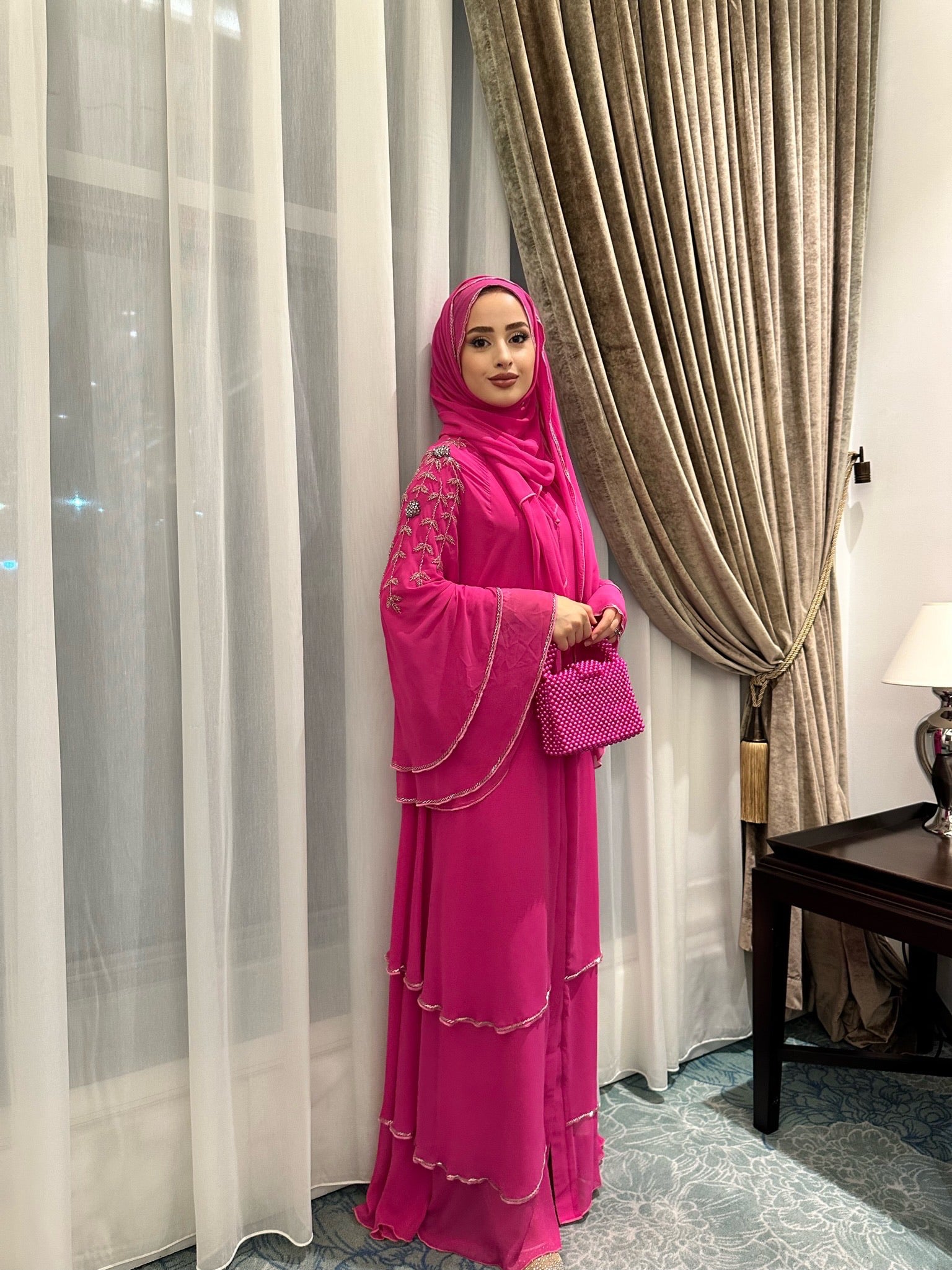 Ethereal Elegance: three-Layer Pink Chiffon Handmade stones Abaya