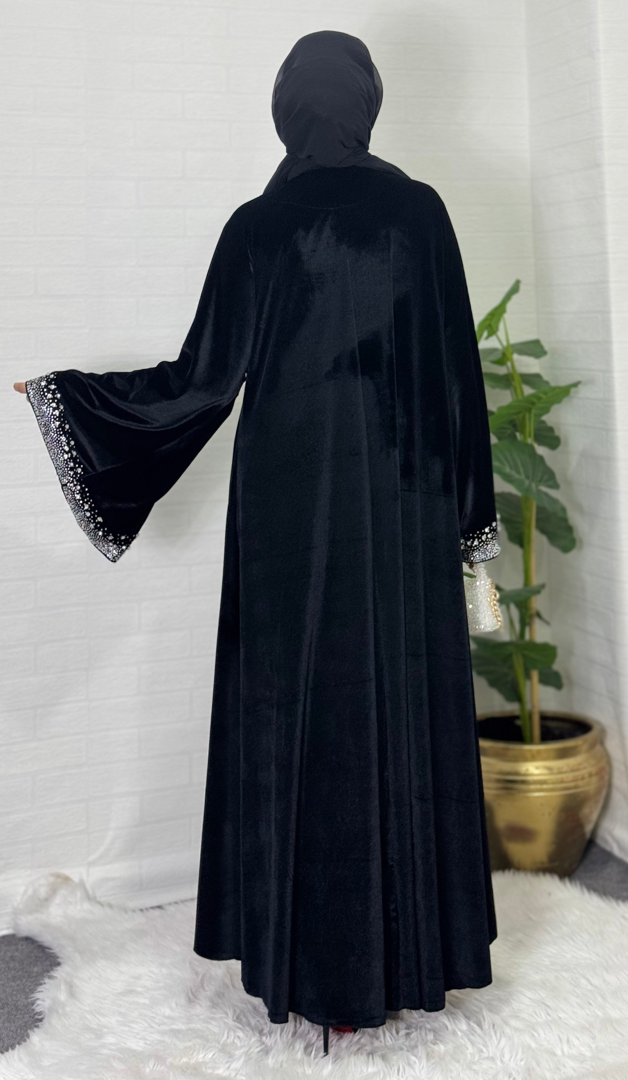 Elegant Velvet Abaya with Crystal Stones on the Front