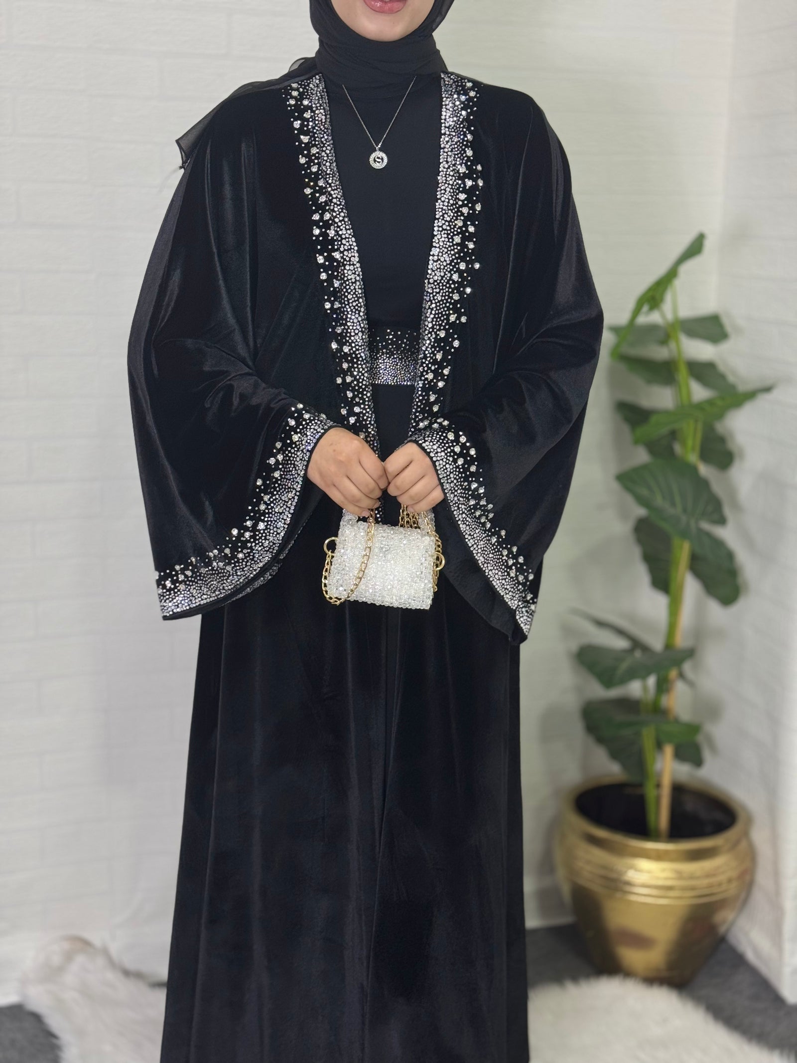 Elegant Velvet Abaya with Crystal Embellishments - Shawl and Belt Included - Elegant Model TM47 WSVB