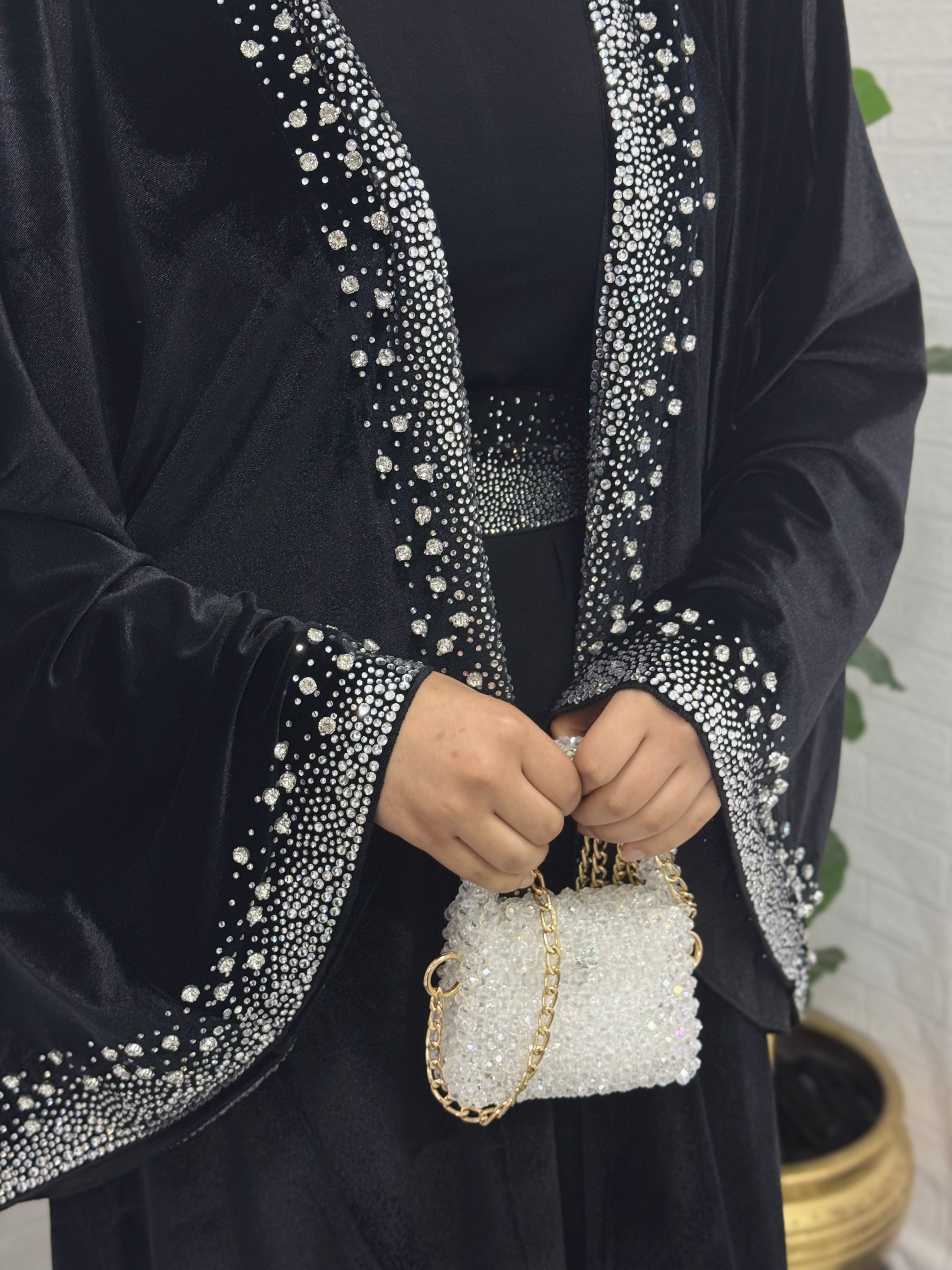 Elegant Velvet Abaya with Crystal Stones on the Front