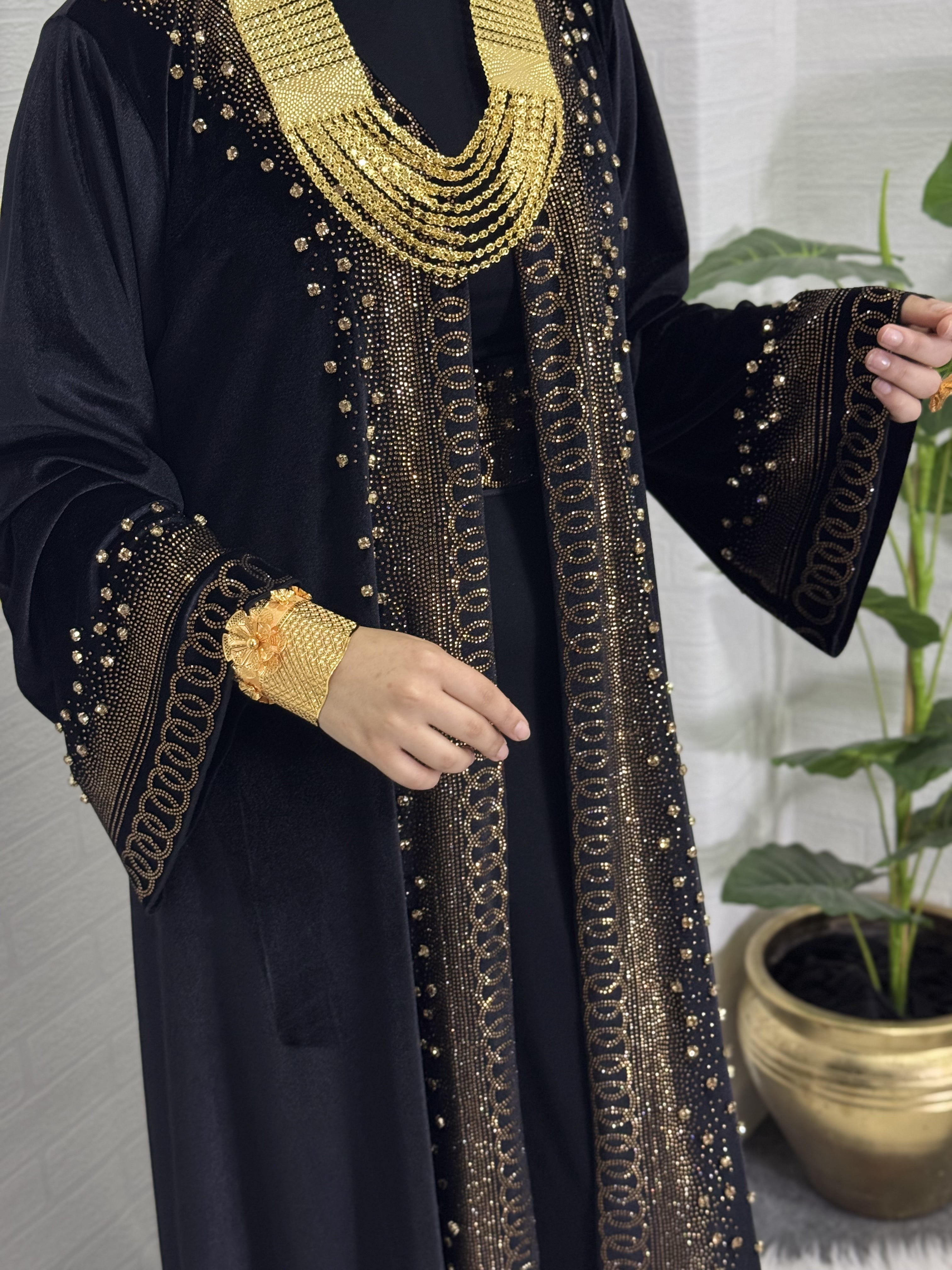 Gold Stone Embroidered Stylish Black Velvet Abaya