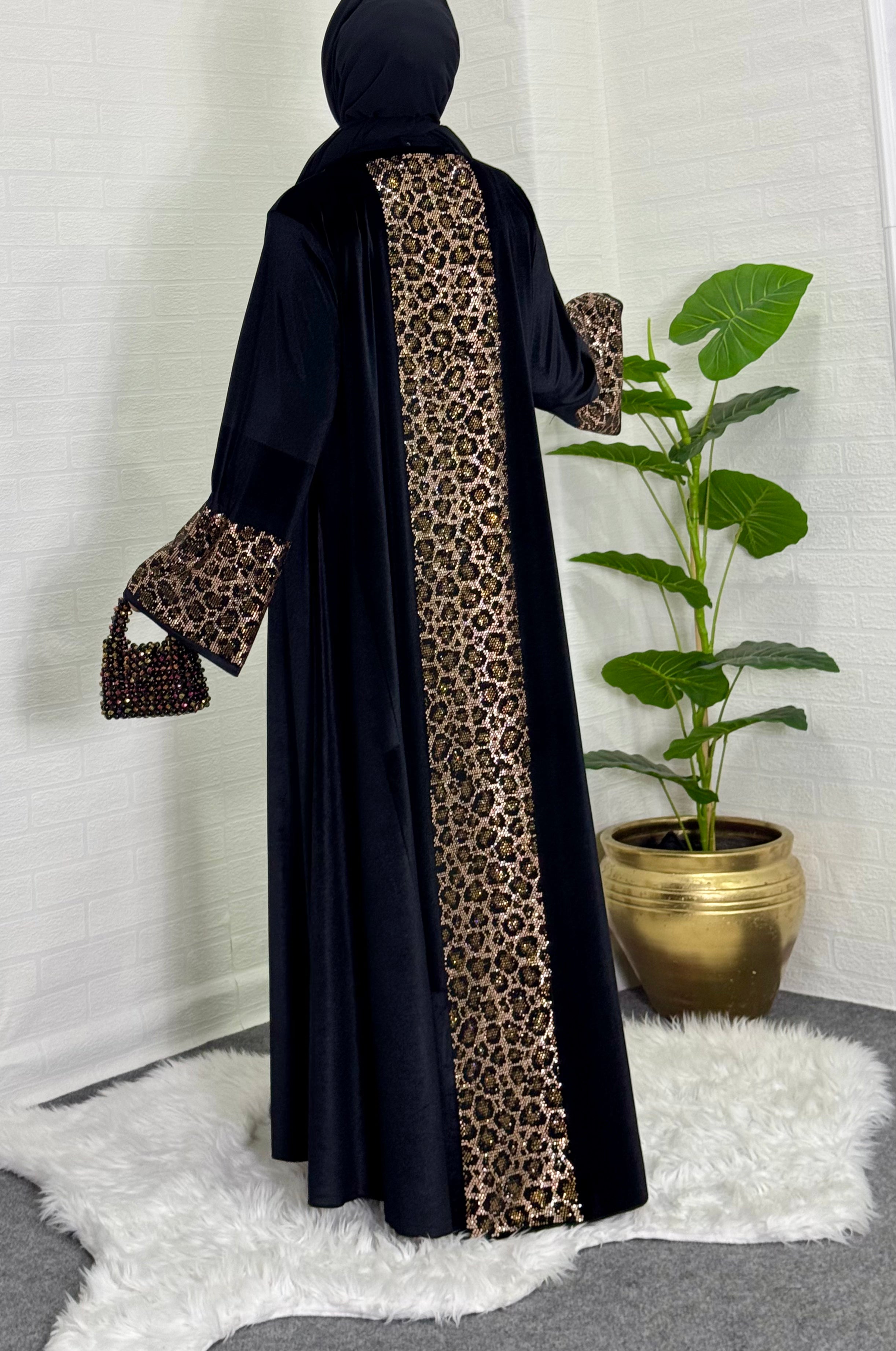 Leopard Patterned Stoned Velvet Abaya