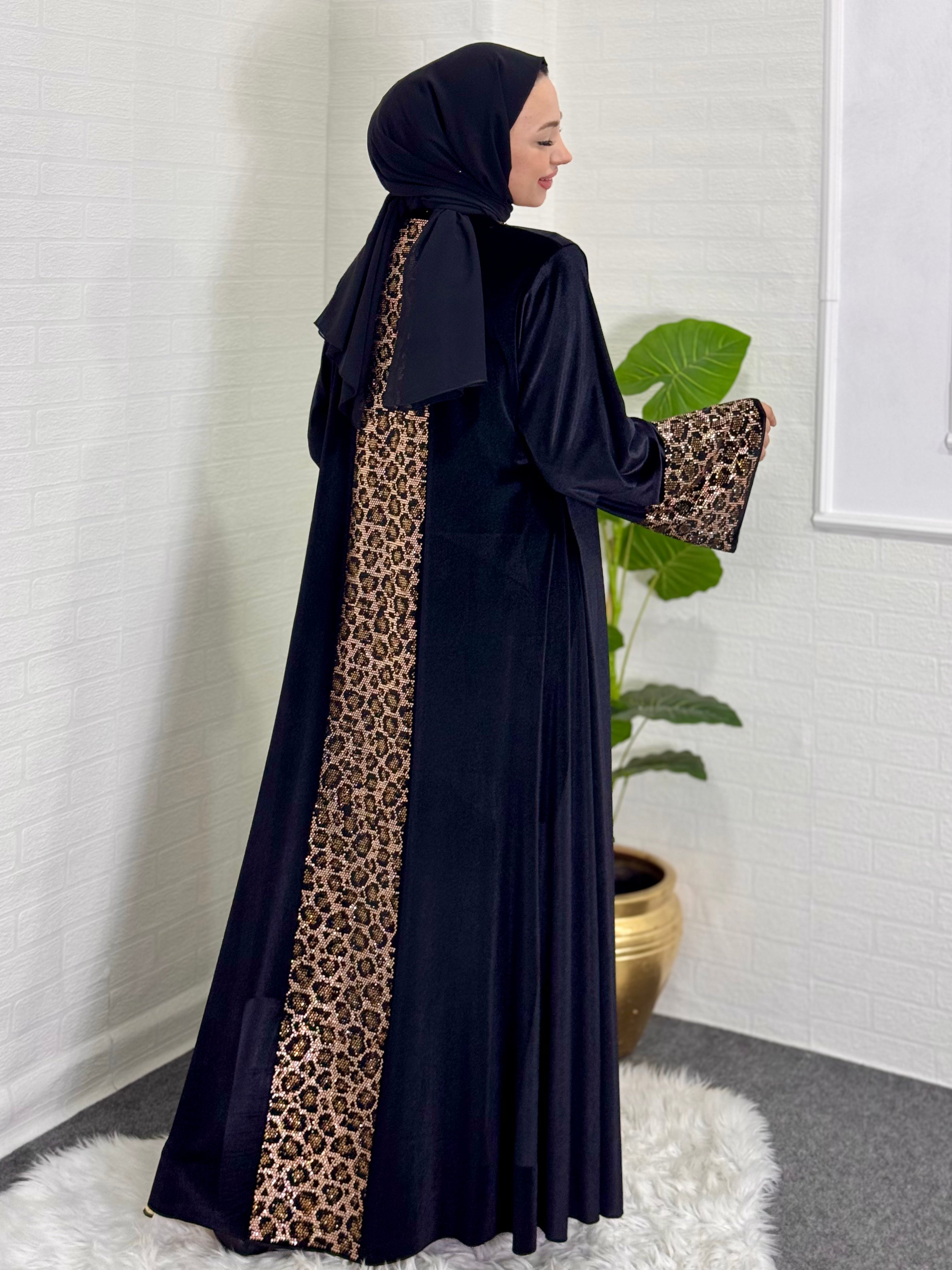 Leopard Patterned Stoned Velvet Abaya