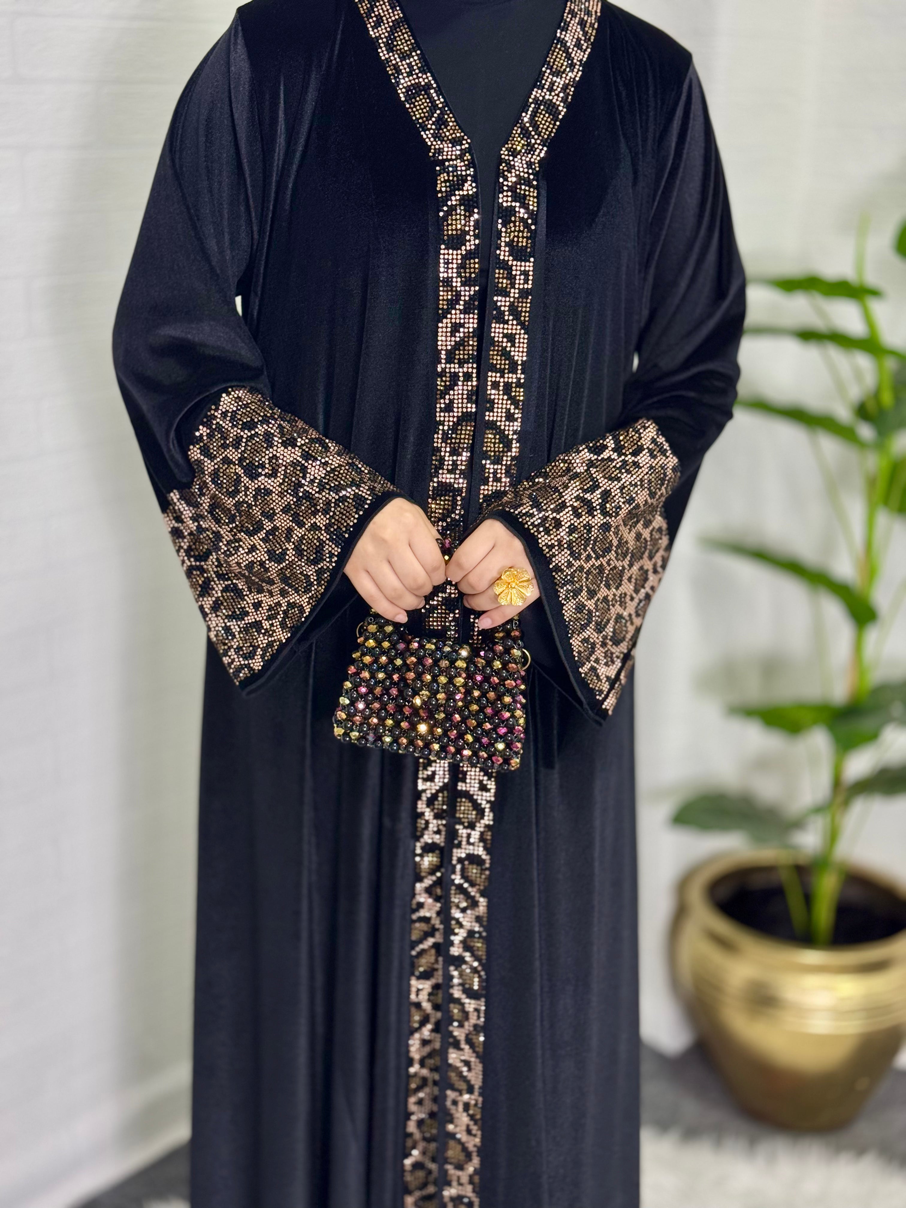 Leopard Patterned Stoned Velvet Abaya