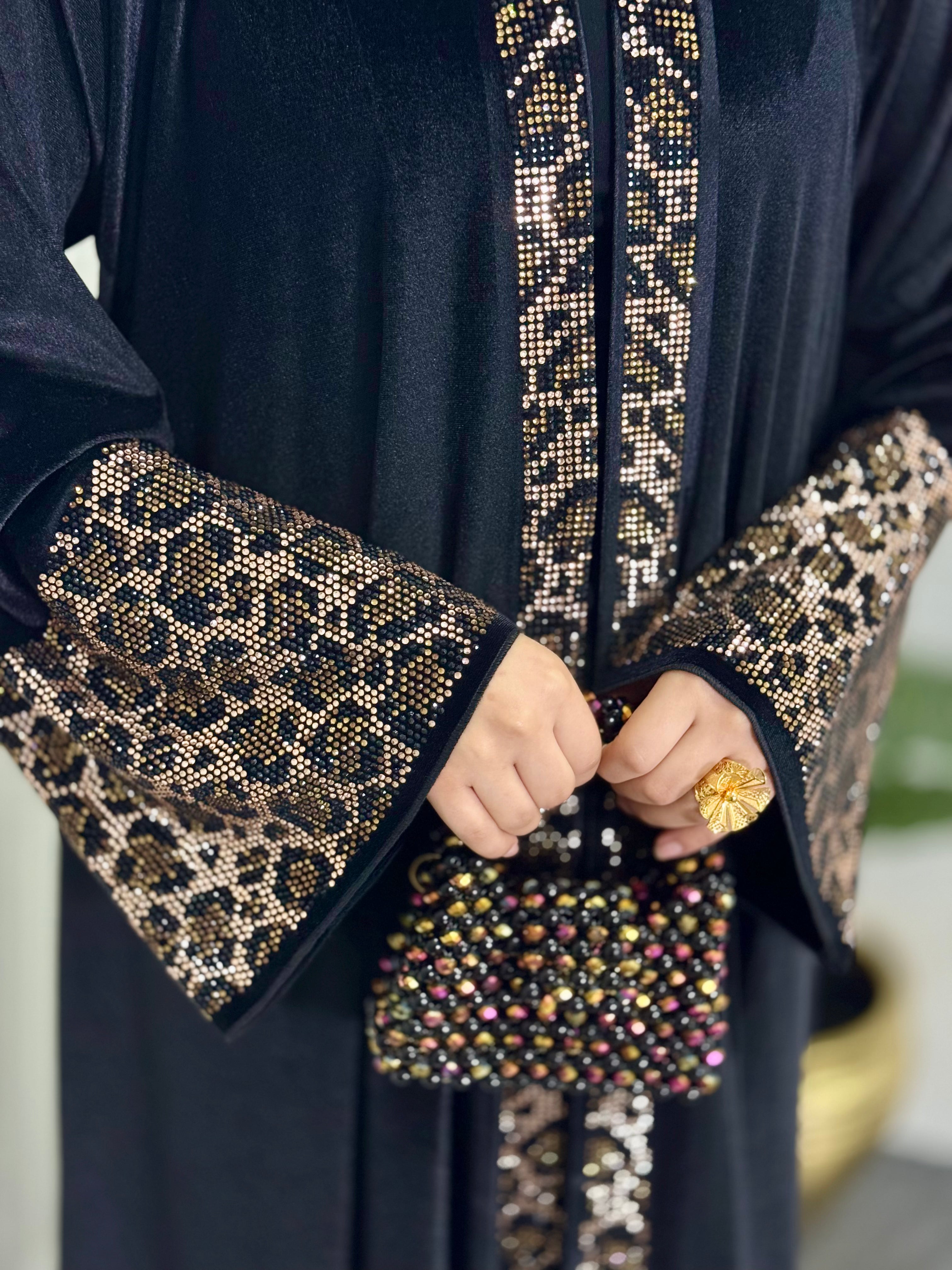 Leopard Patterned Stoned Velvet Abaya