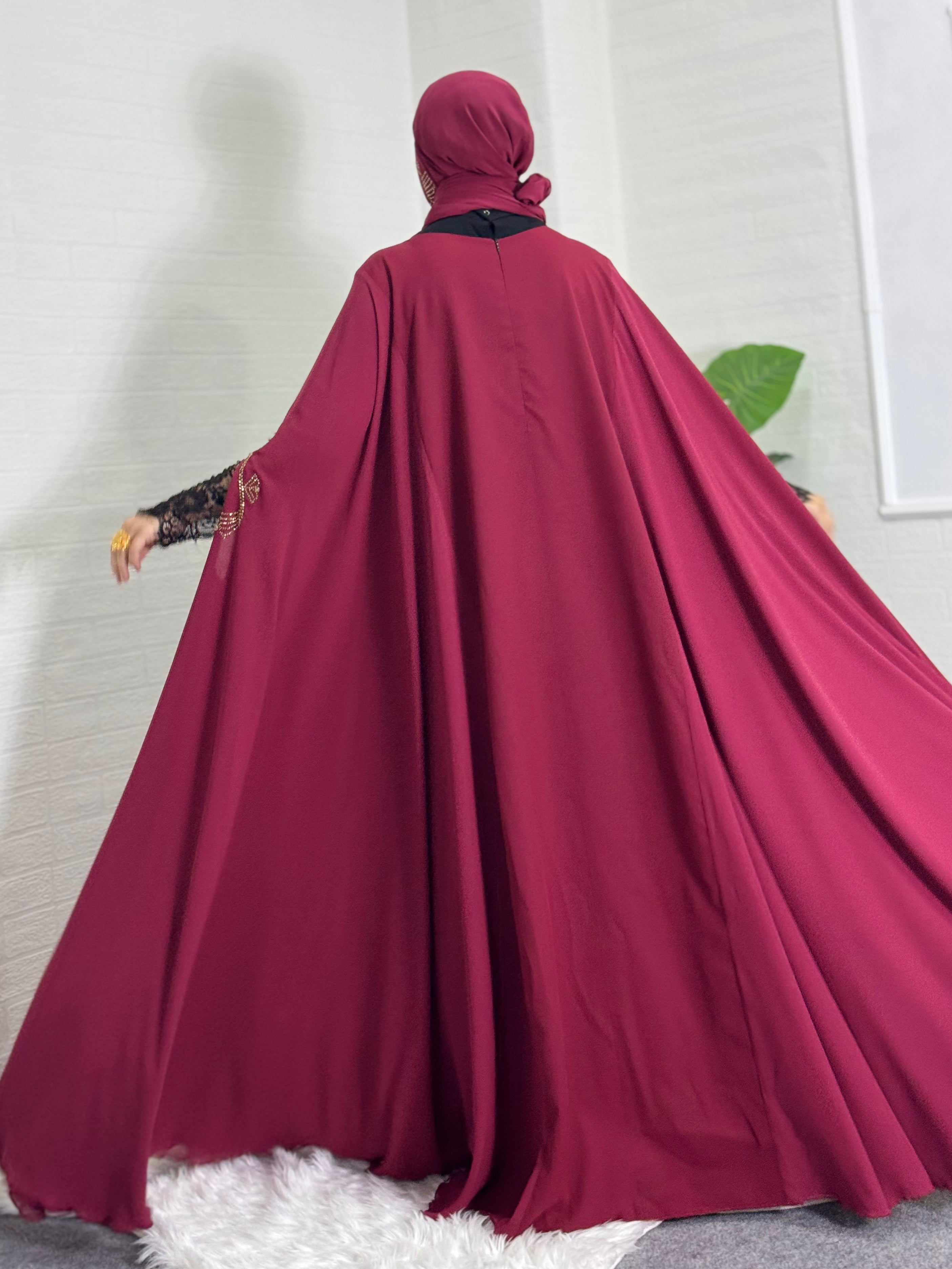 Taşlı Çiçek Desenli Bordo Kaftan