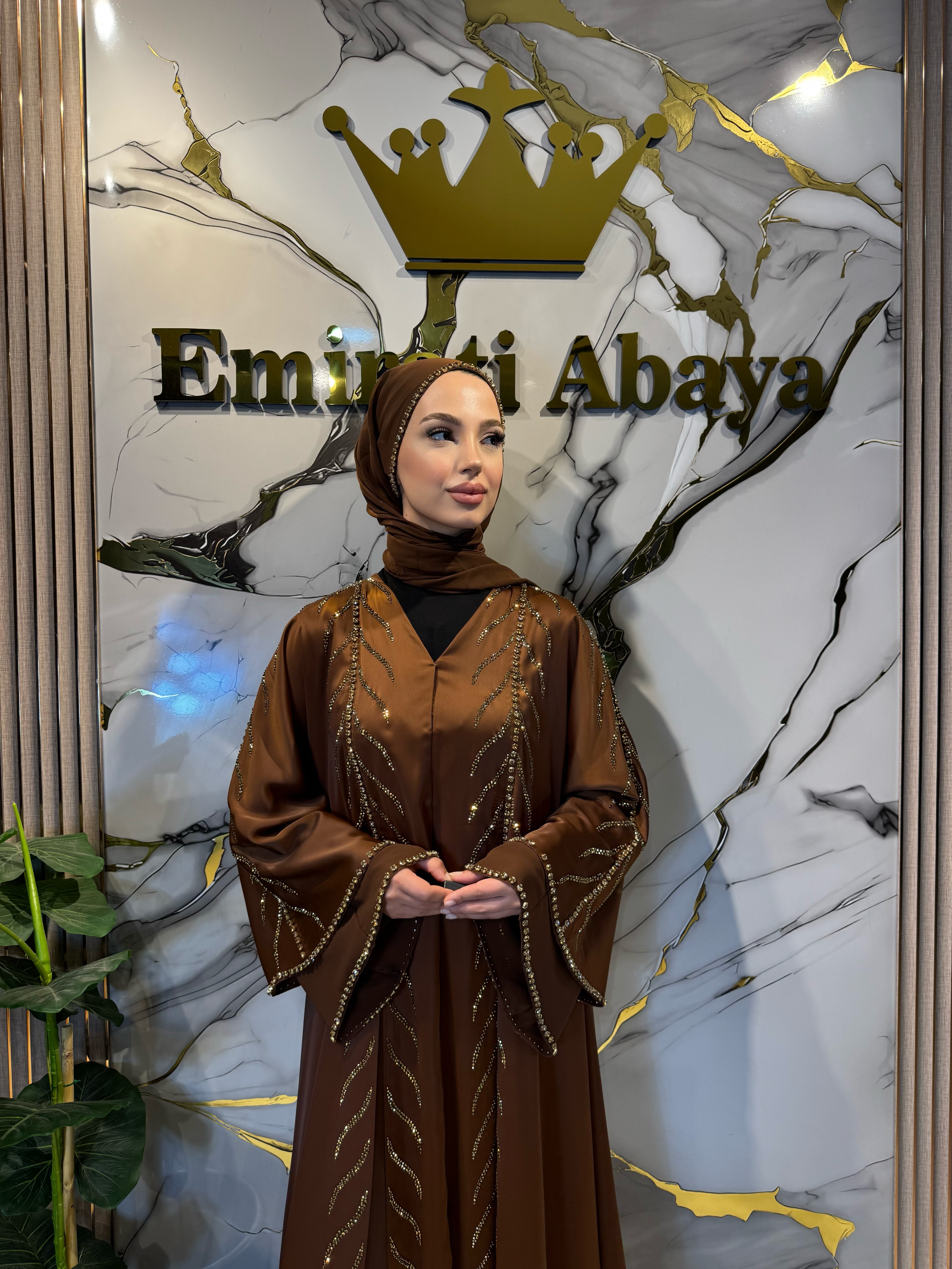 Royal Gold Dallı Önü Yırtmaçlı Zara Saten ve Şifon Abaya