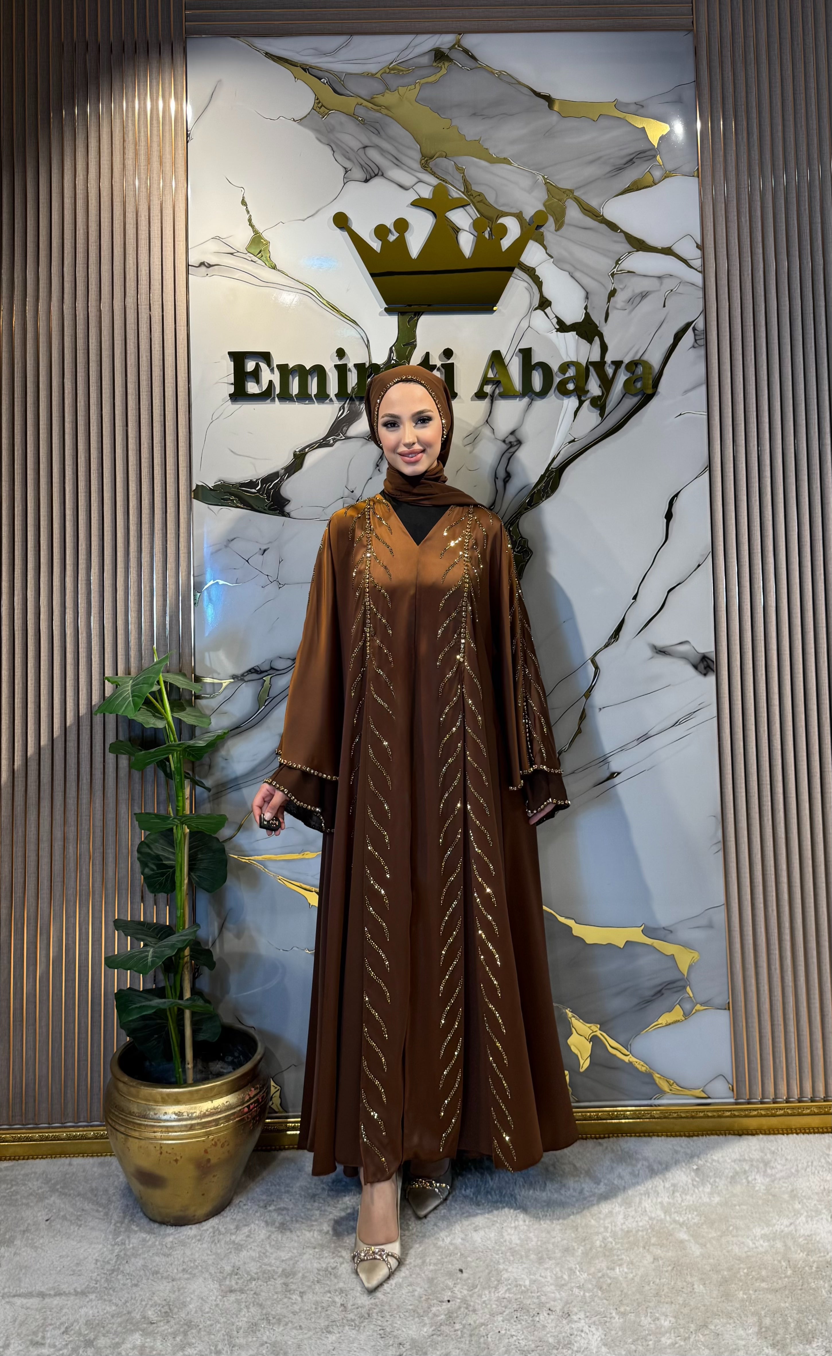 Royal Gold Dallı Önü Yırtmaçlı Zara Saten ve Şifon Abaya