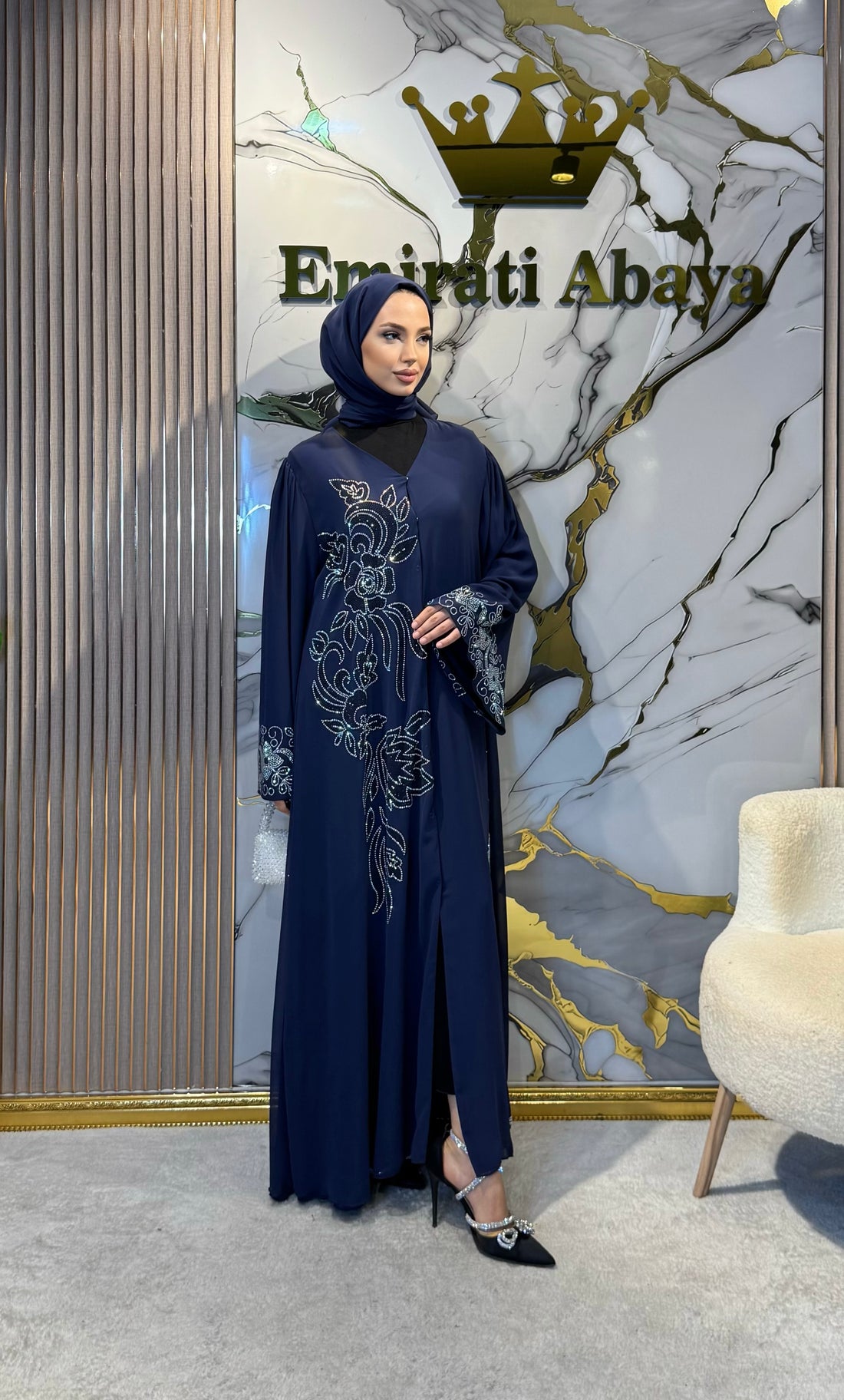 JanJan Stone Embellished Blue Floral Pattern Chiffon Abaya Shawl Included.