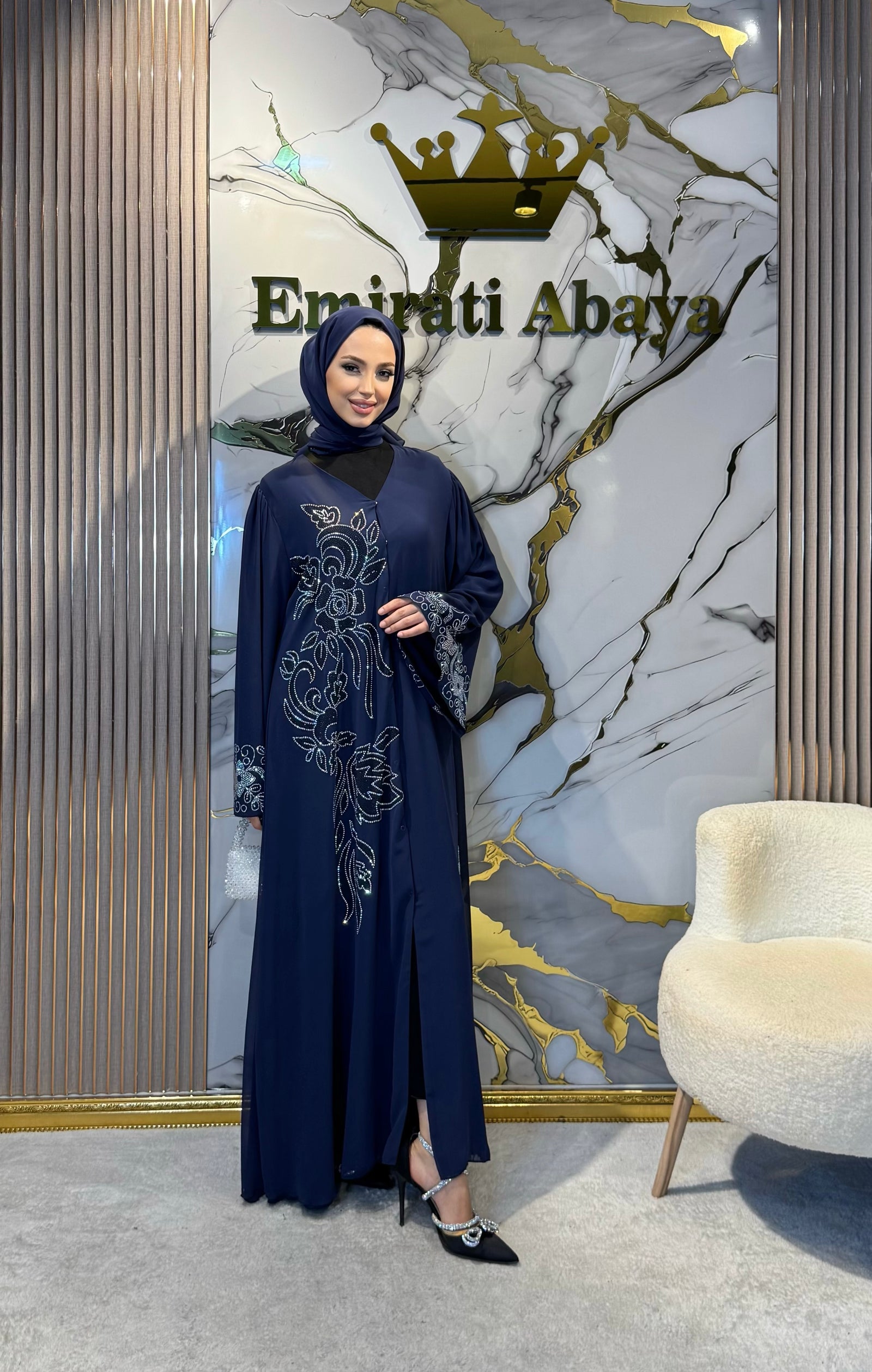 JanJan Stone Embellished Blue Floral Pattern Chiffon Abaya Shawl Included.