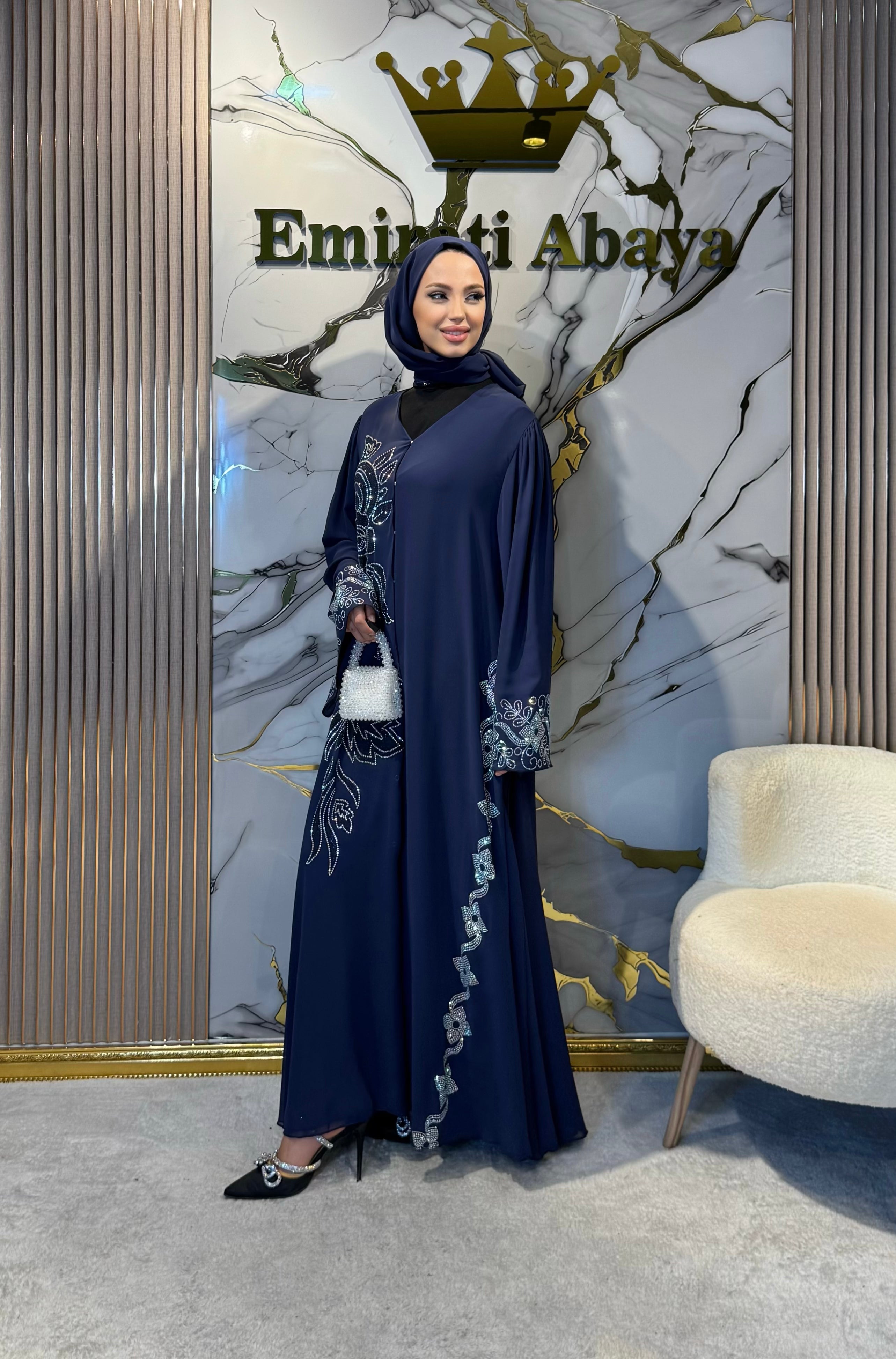 JanJan Stone Embellished Blue Floral Pattern Chiffon Abaya Shawl Included.