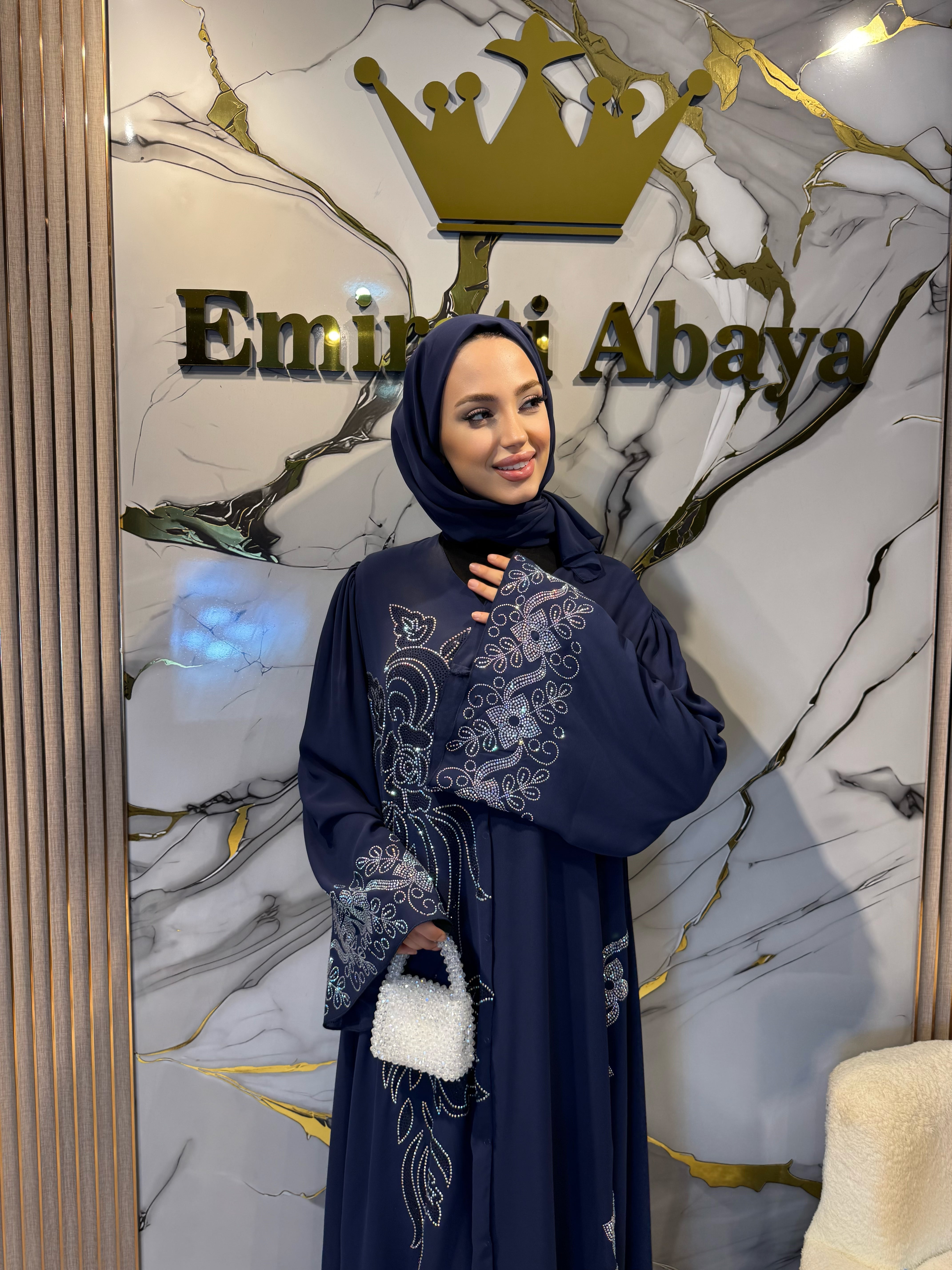 JanJan Stone Embellished Blue Floral Pattern Chiffon Abaya Shawl Included.