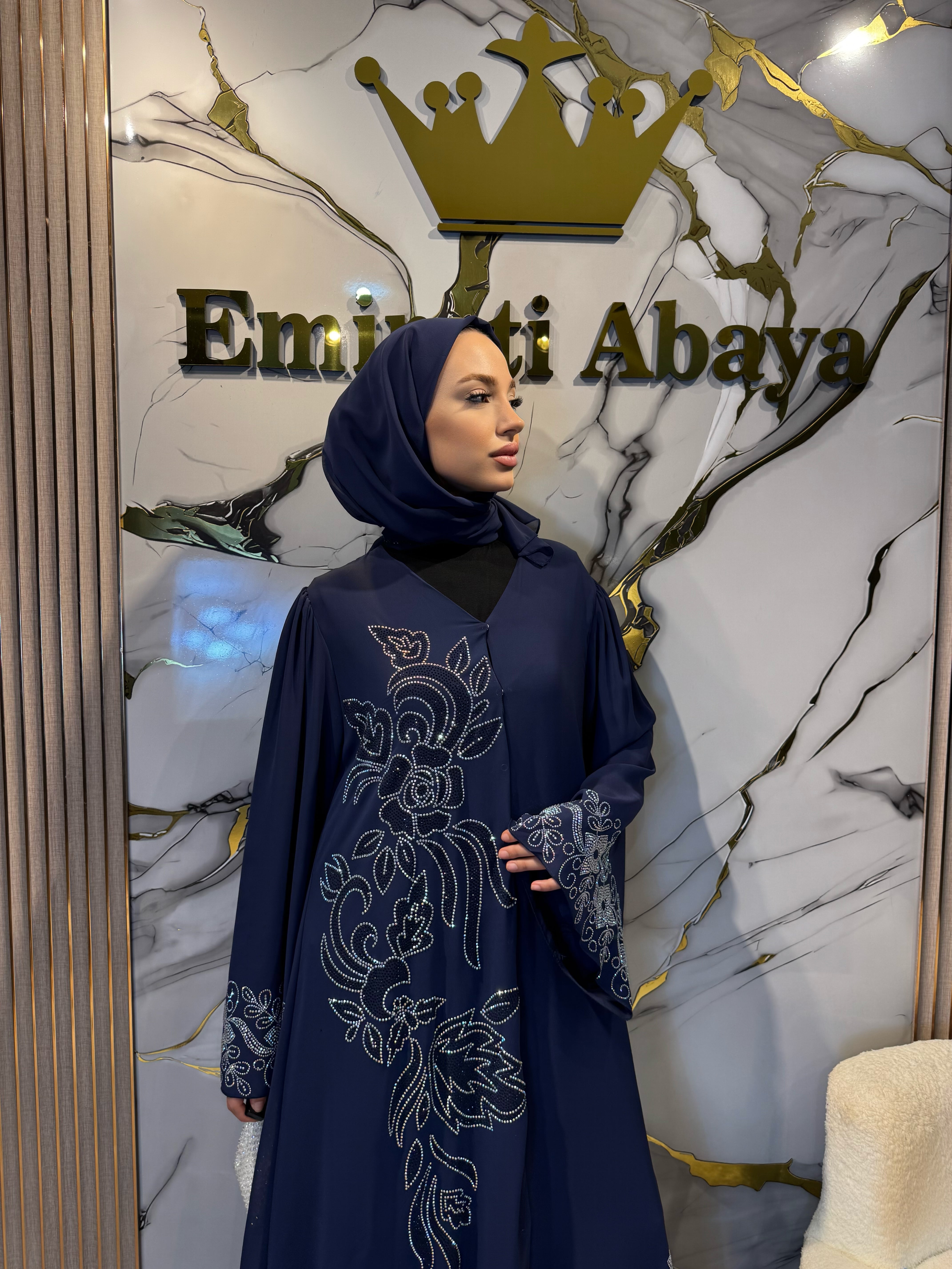JanJan Stone Embellished Blue Floral Pattern Chiffon Abaya Shawl Included.