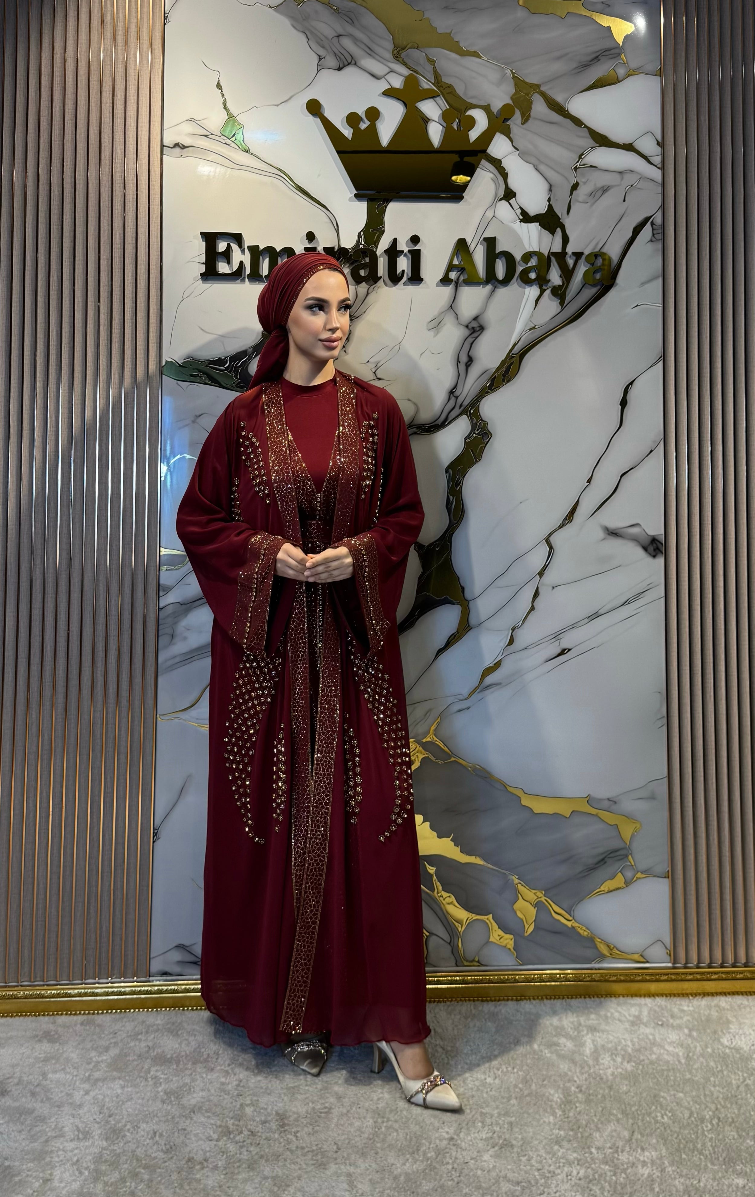 Önü Açık Gold Yöresel Bordo Abaya