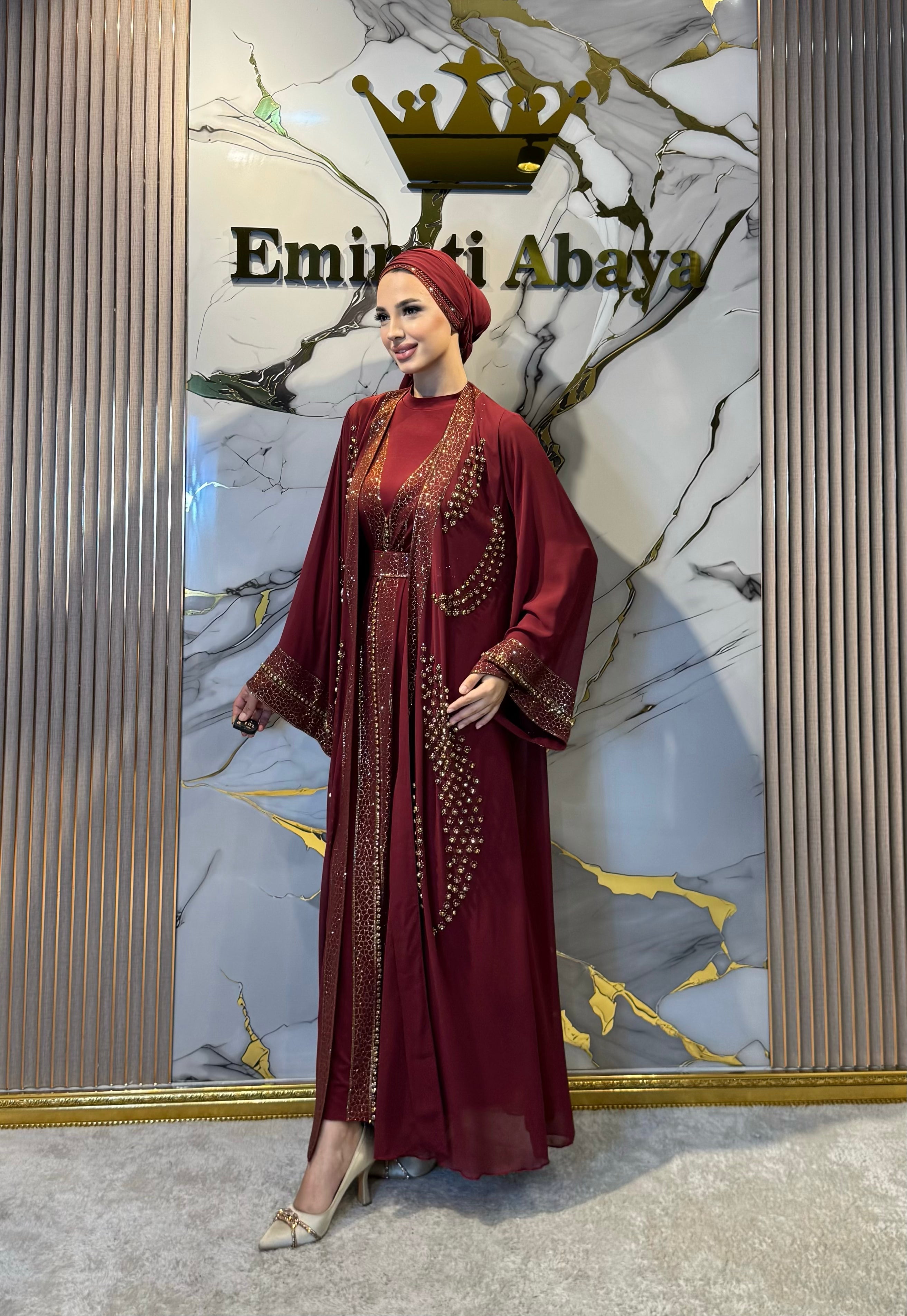 Önü Açık Gold Yöresel Bordo Abaya