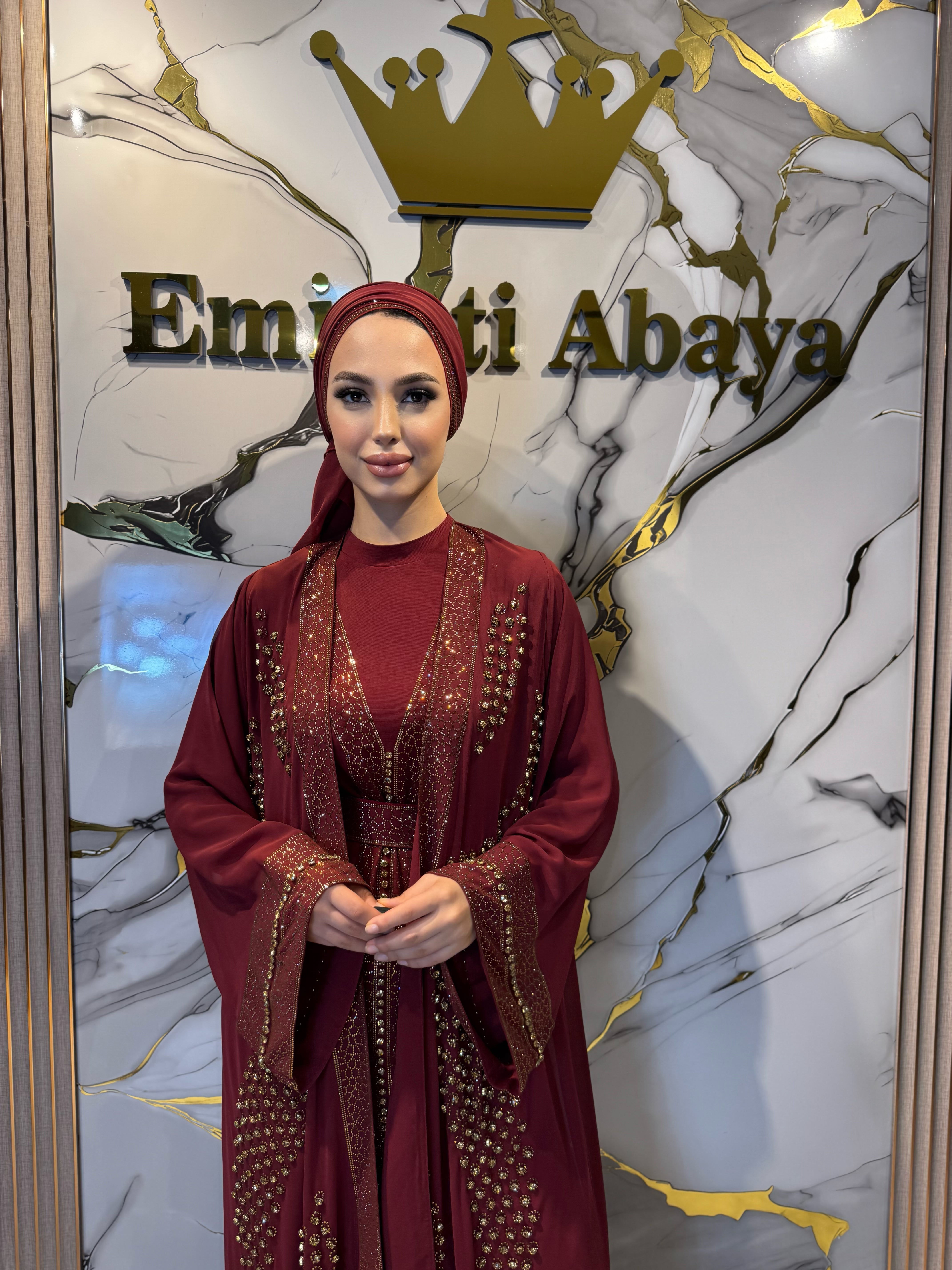 Önü Açık Gold Yöresel Bordo Abaya