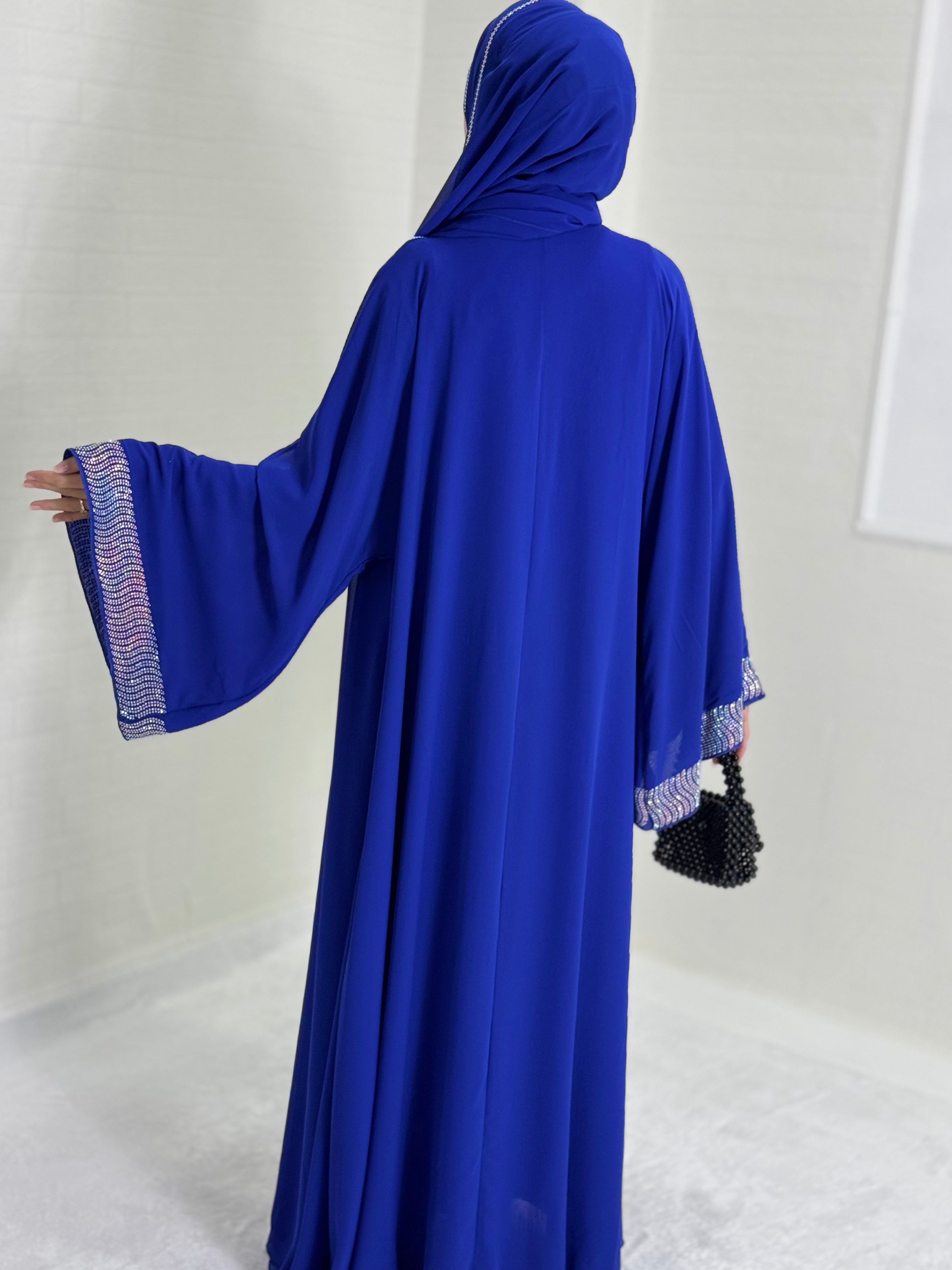 Stylish Blue Abaya with Swarovski Stones on the Front