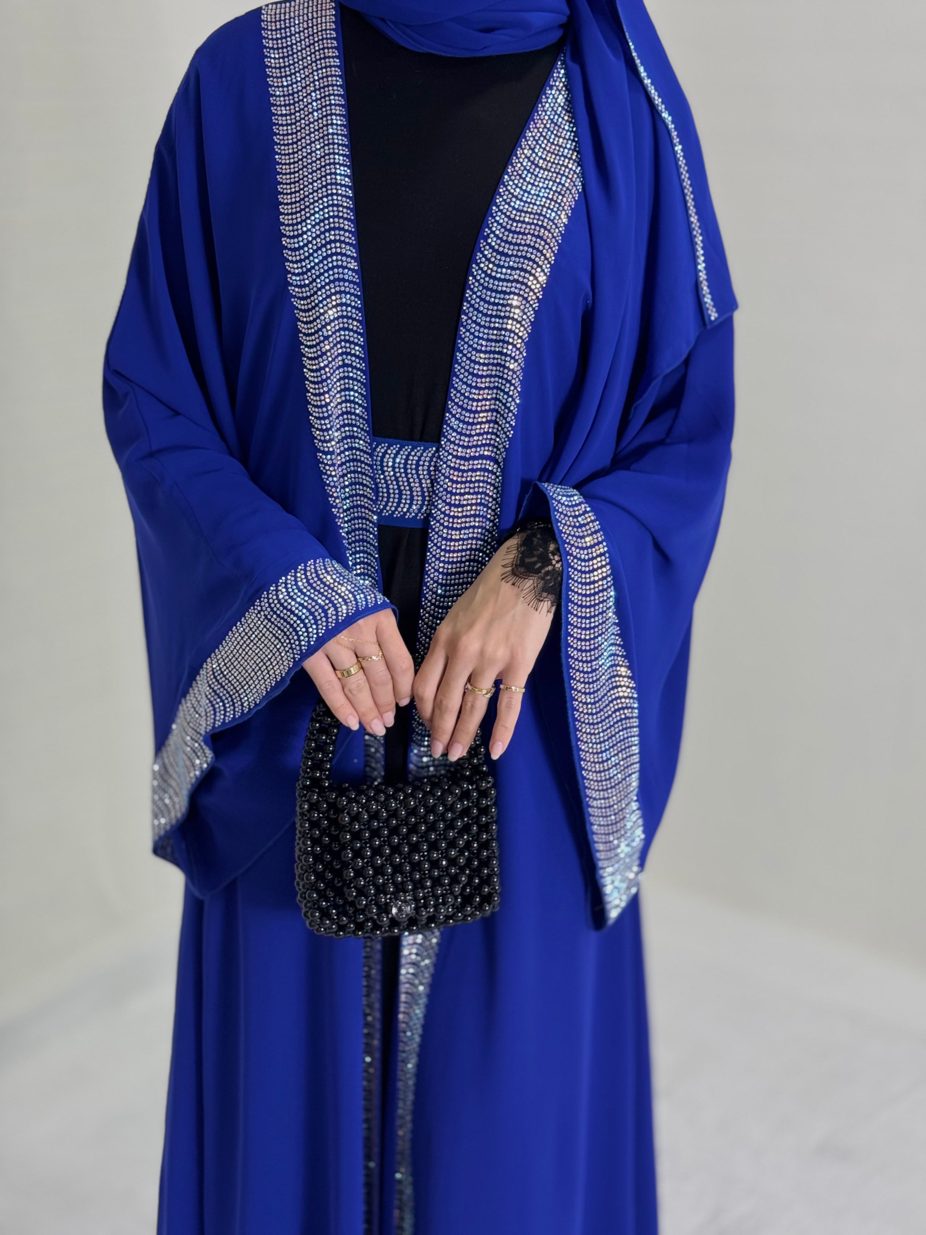 Stylish Blue Abaya with Swarovski Stones on the Front