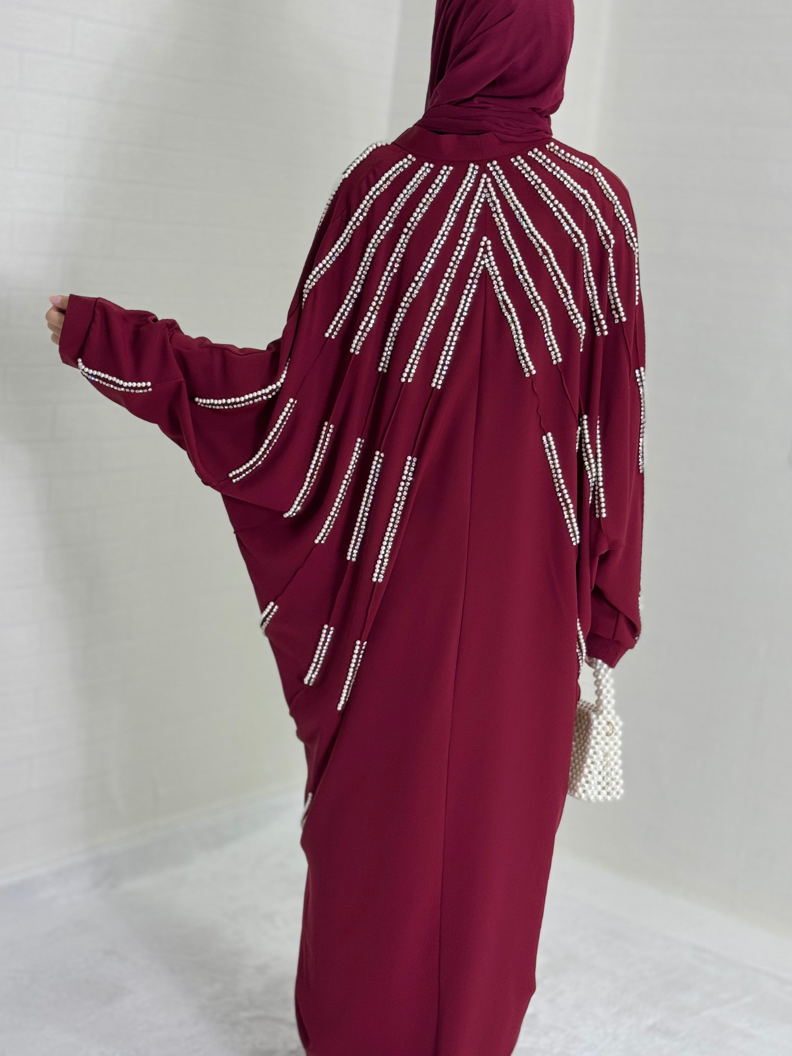 Chiffon Burgundy Abaya with Pearls and Crystal Stones on the Front