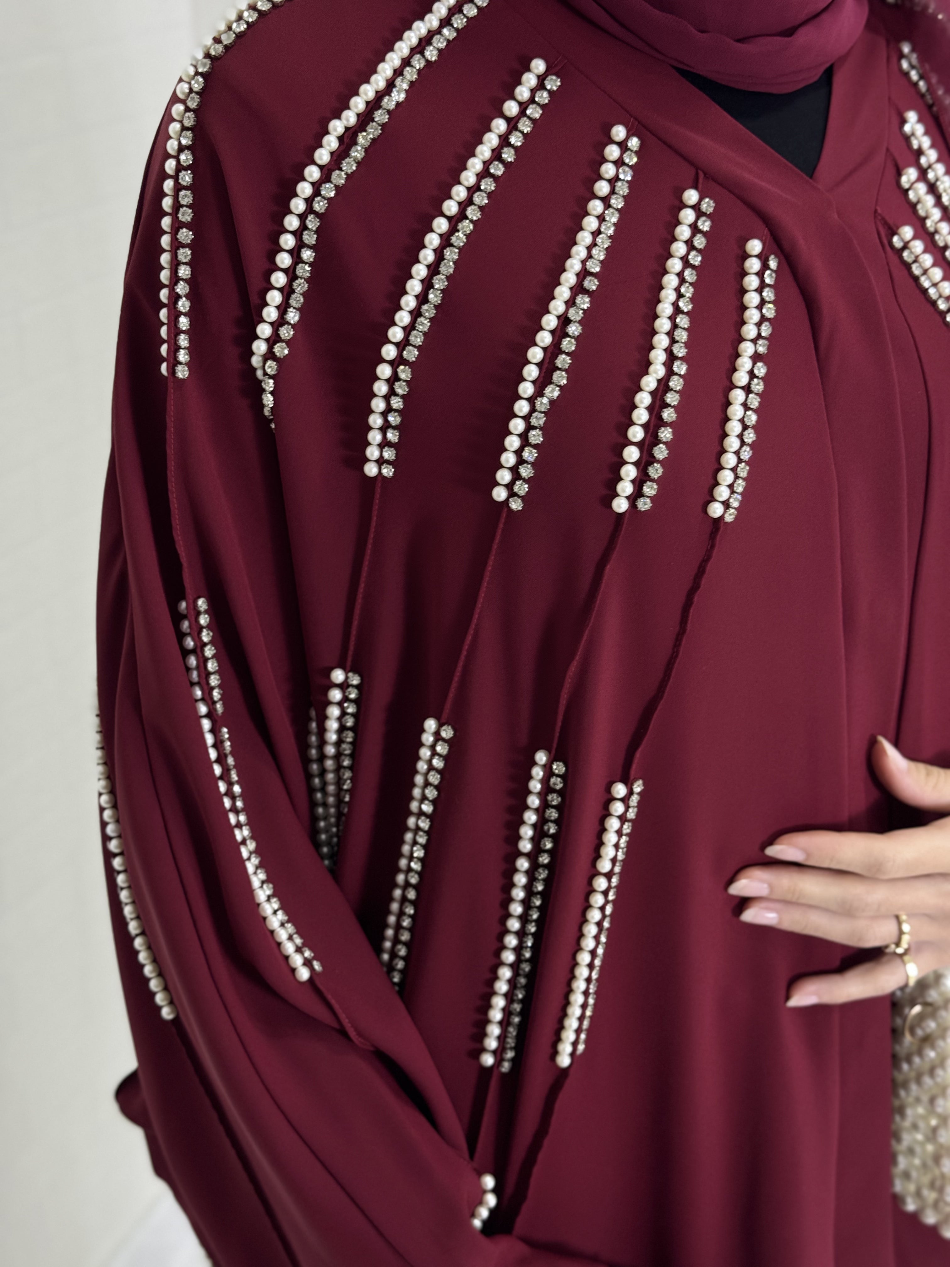 Chiffon Burgundy Abaya with Pearls and Crystal Stones on the Front