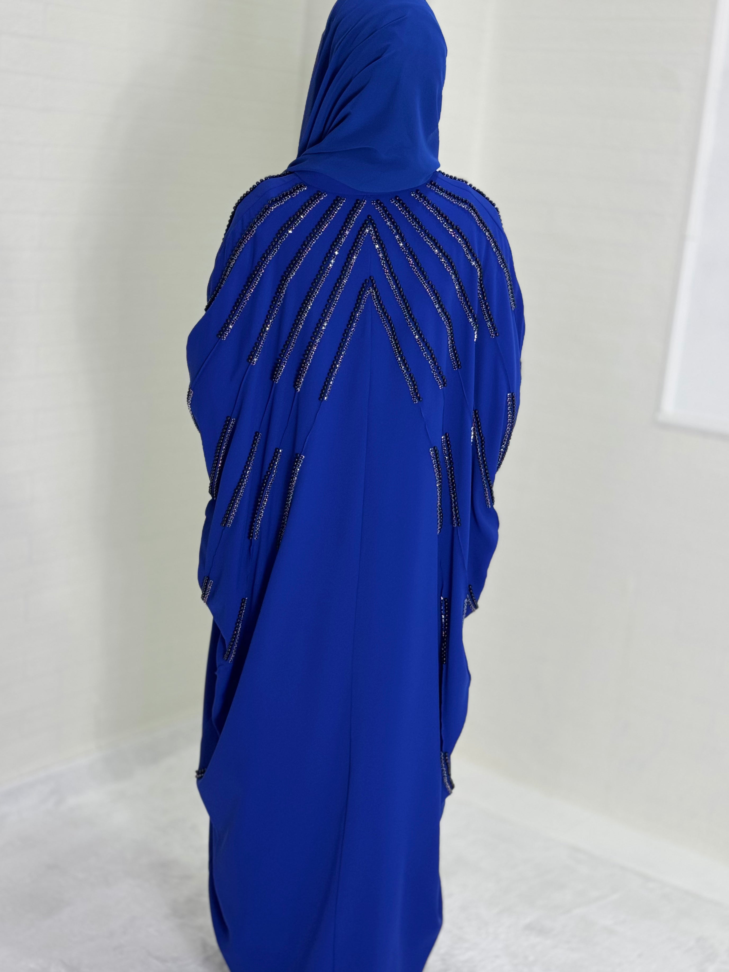 Chiffon Blue Abaya with Pearls and Black Stones on the Front