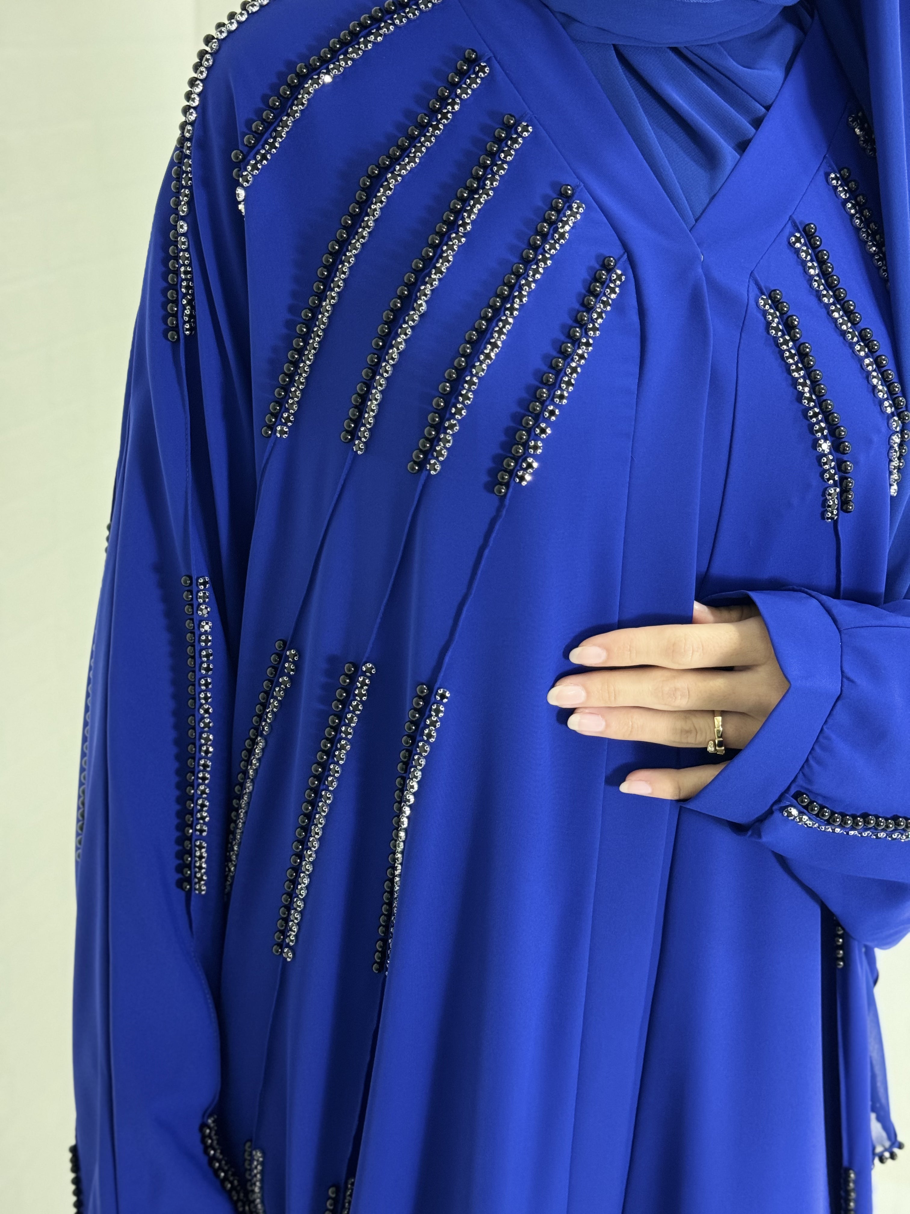 Chiffon Blue Abaya with Pearls and Black Stones on the Front