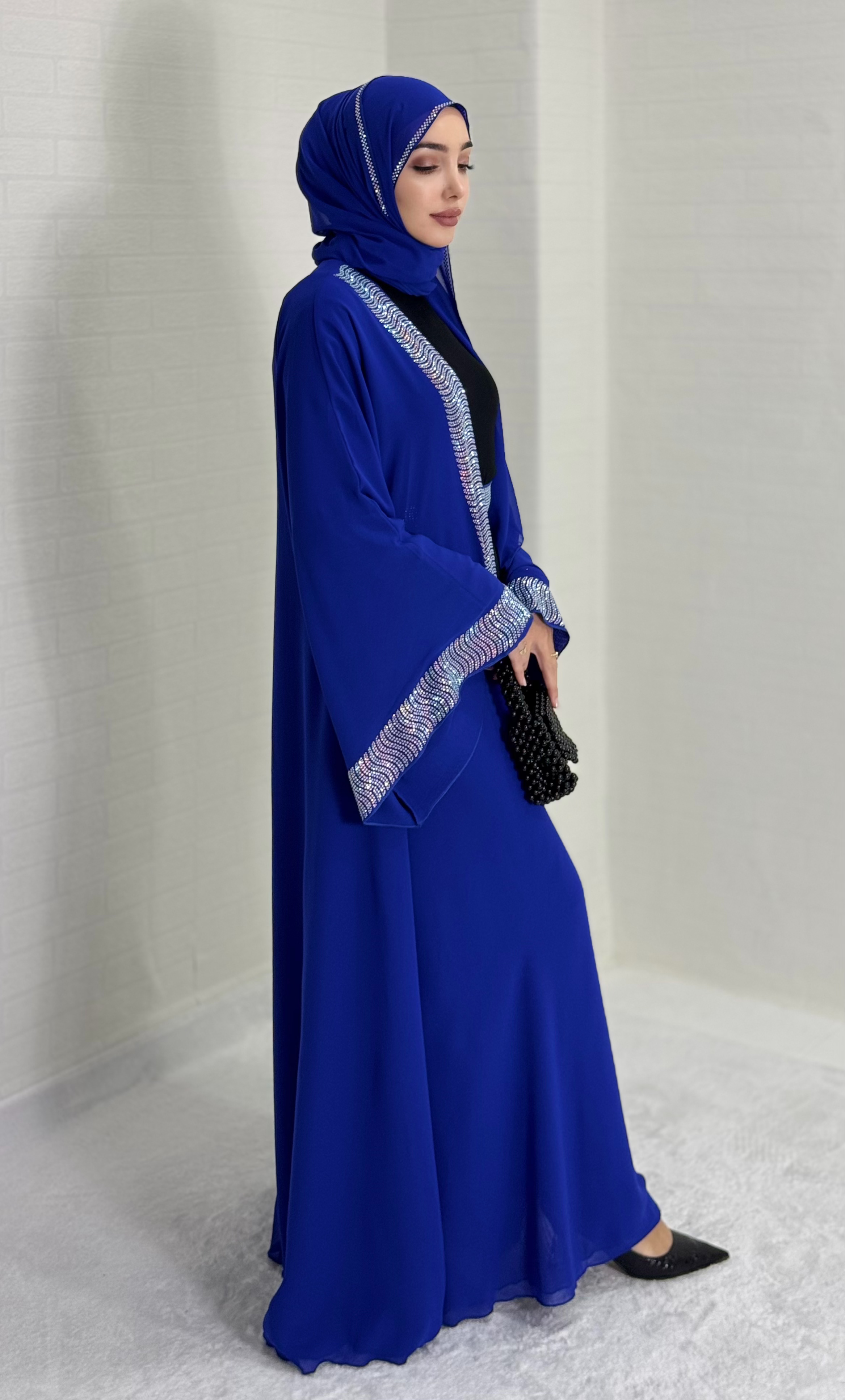 Stylish Blue Abaya with Swarovski Stones on the Front