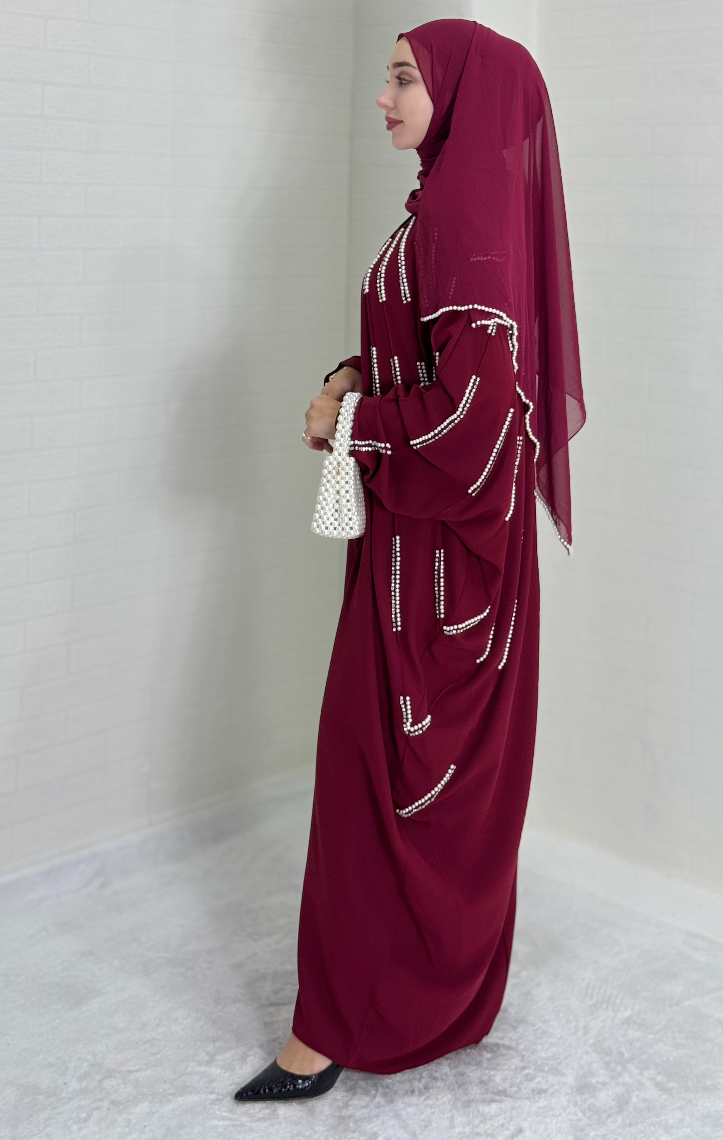 Chiffon Burgundy Abaya with Pearls and Crystal Stones on the Front