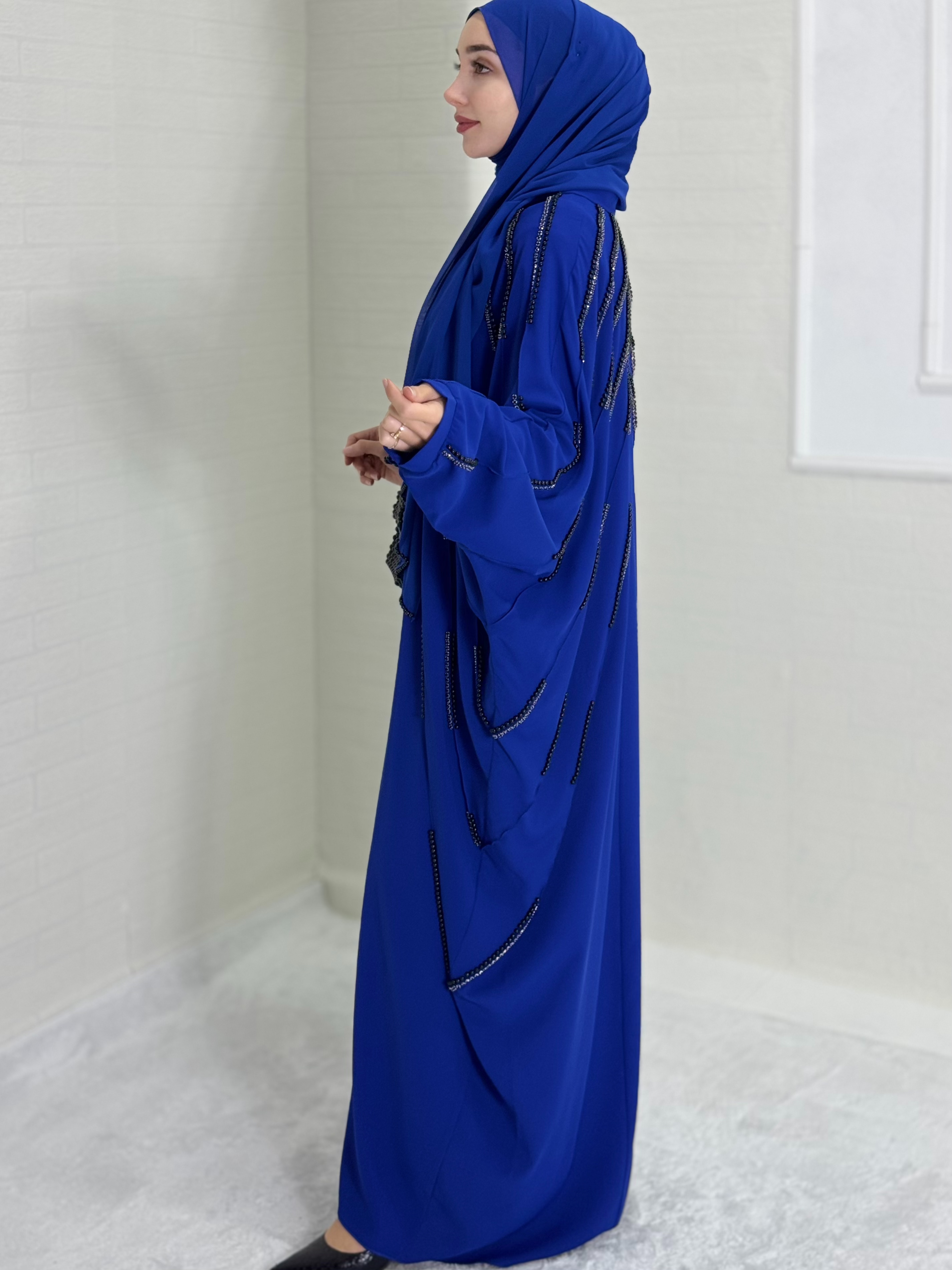 Chiffon Blue Abaya with Pearls and Black Stones on the Front