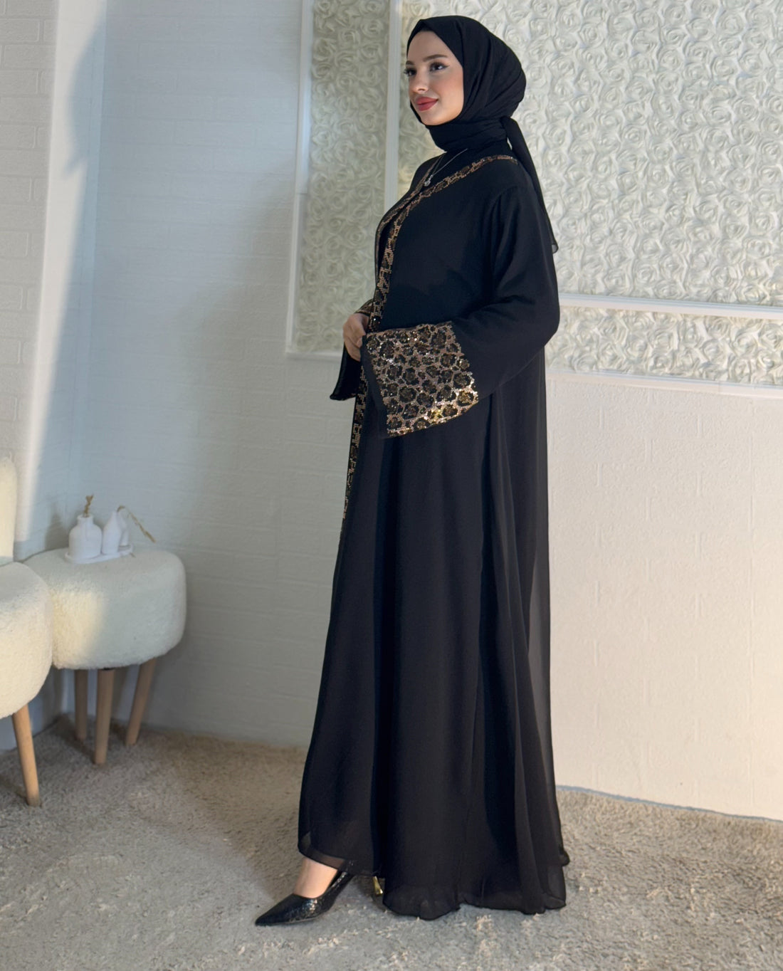 Taşlı Leopar  Desenli Siyah Şifon Abaya