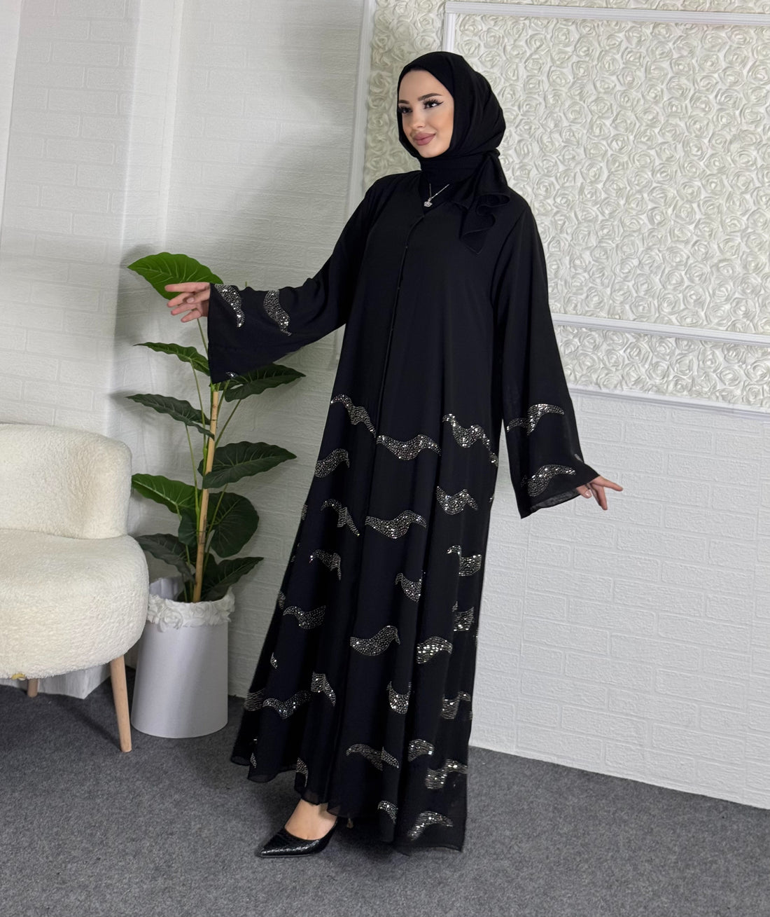 Dalga Desenli Hematit Taş İşlemeli Şifon Abaya