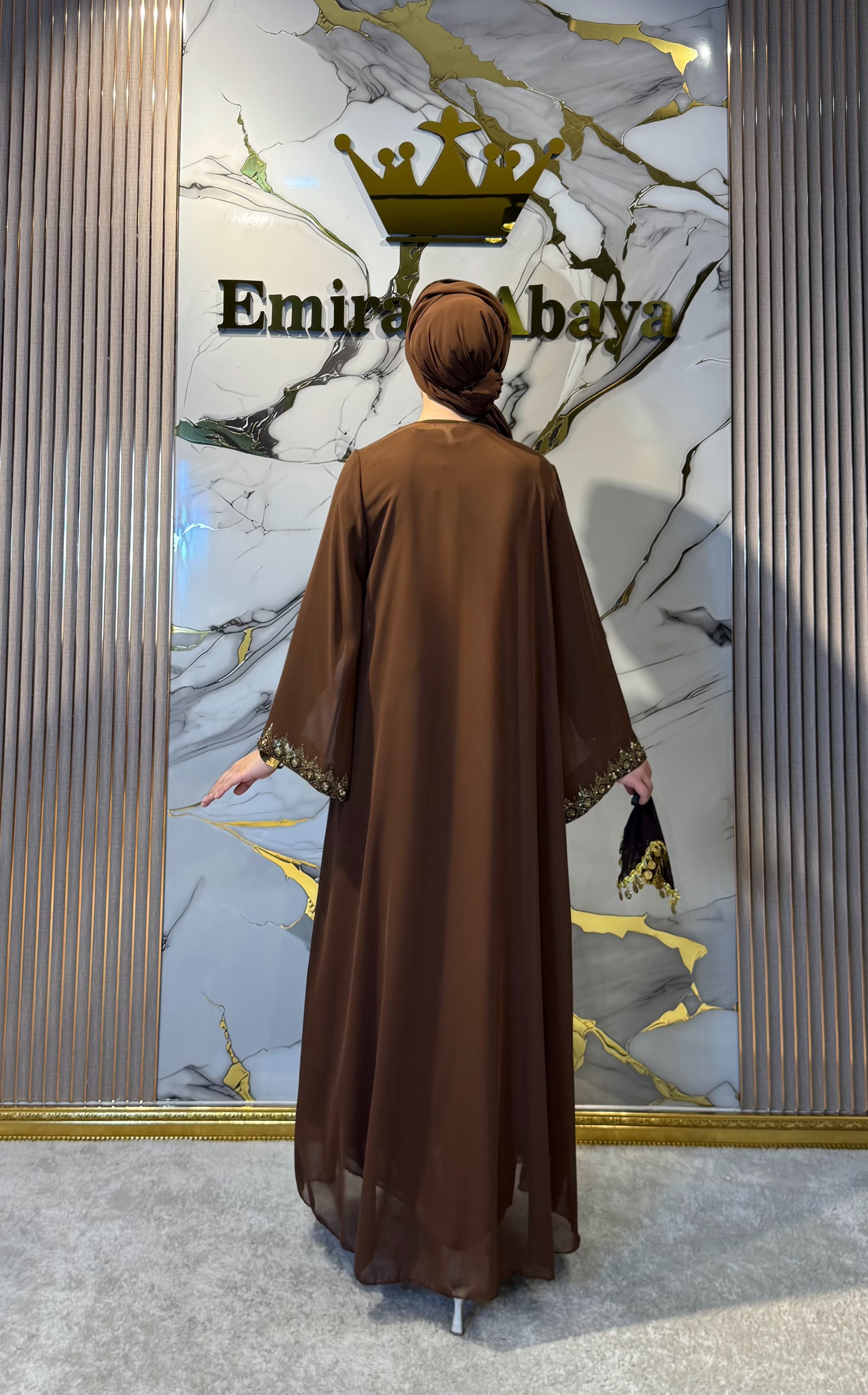 Gold Çiçek Taş İşlemeli Kahverengi Yöresel Şifon Abaya